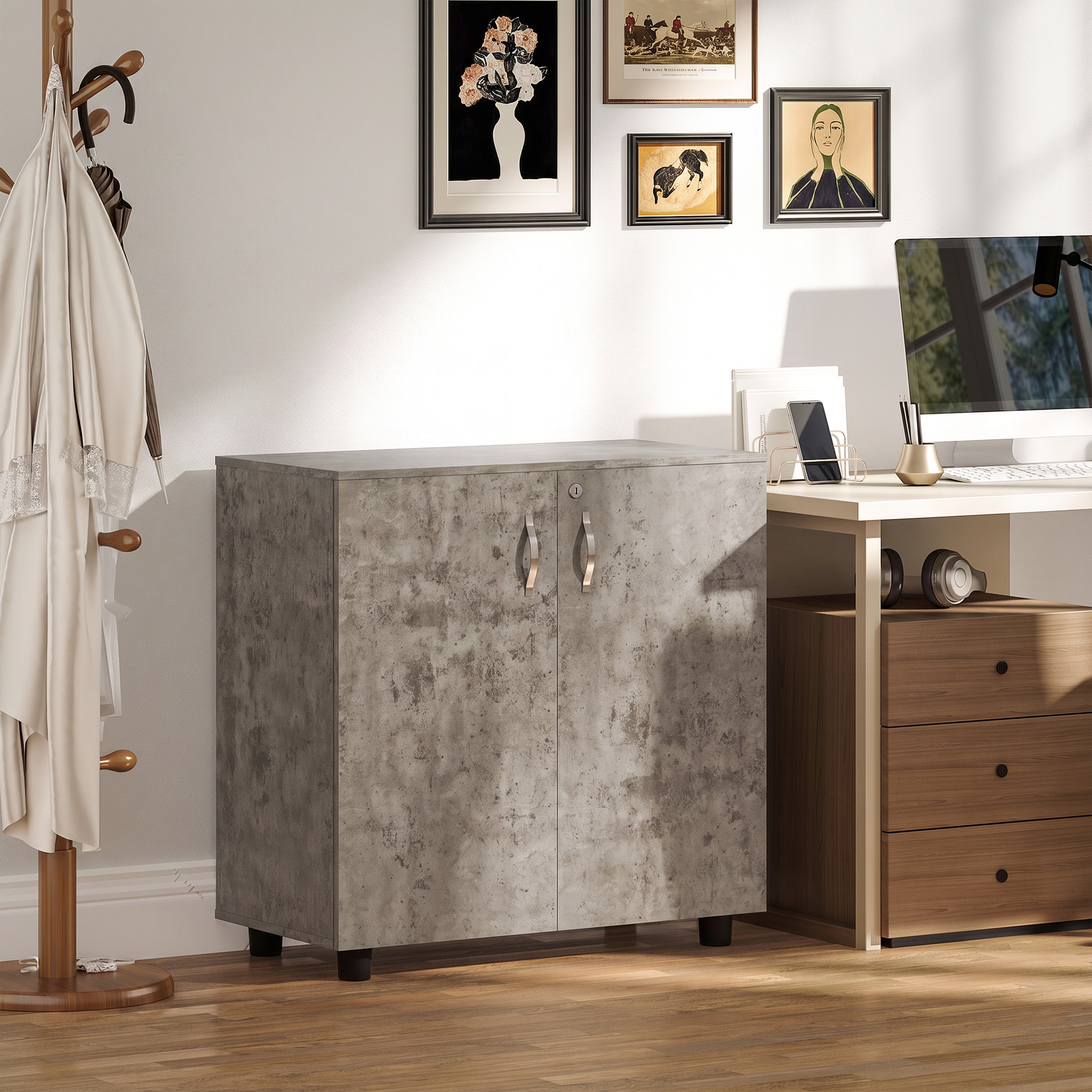 Armoire de Bureau Verrouillable 2 Portes avec Étagère – 80 cm – Gris - Image 2