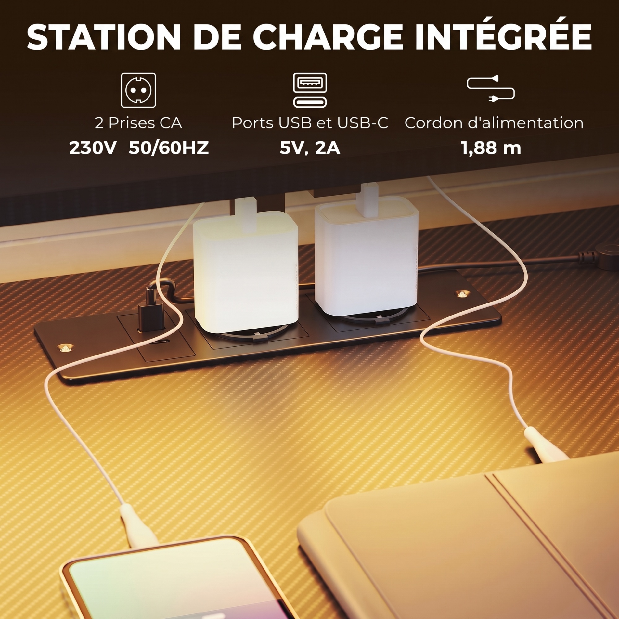 Bureau Gaming 147 x 47 cm, Éclairage RGB, Prises et Ports USB, Support pour Unité Centrale Réglable et Réversible, Noir - Image 6