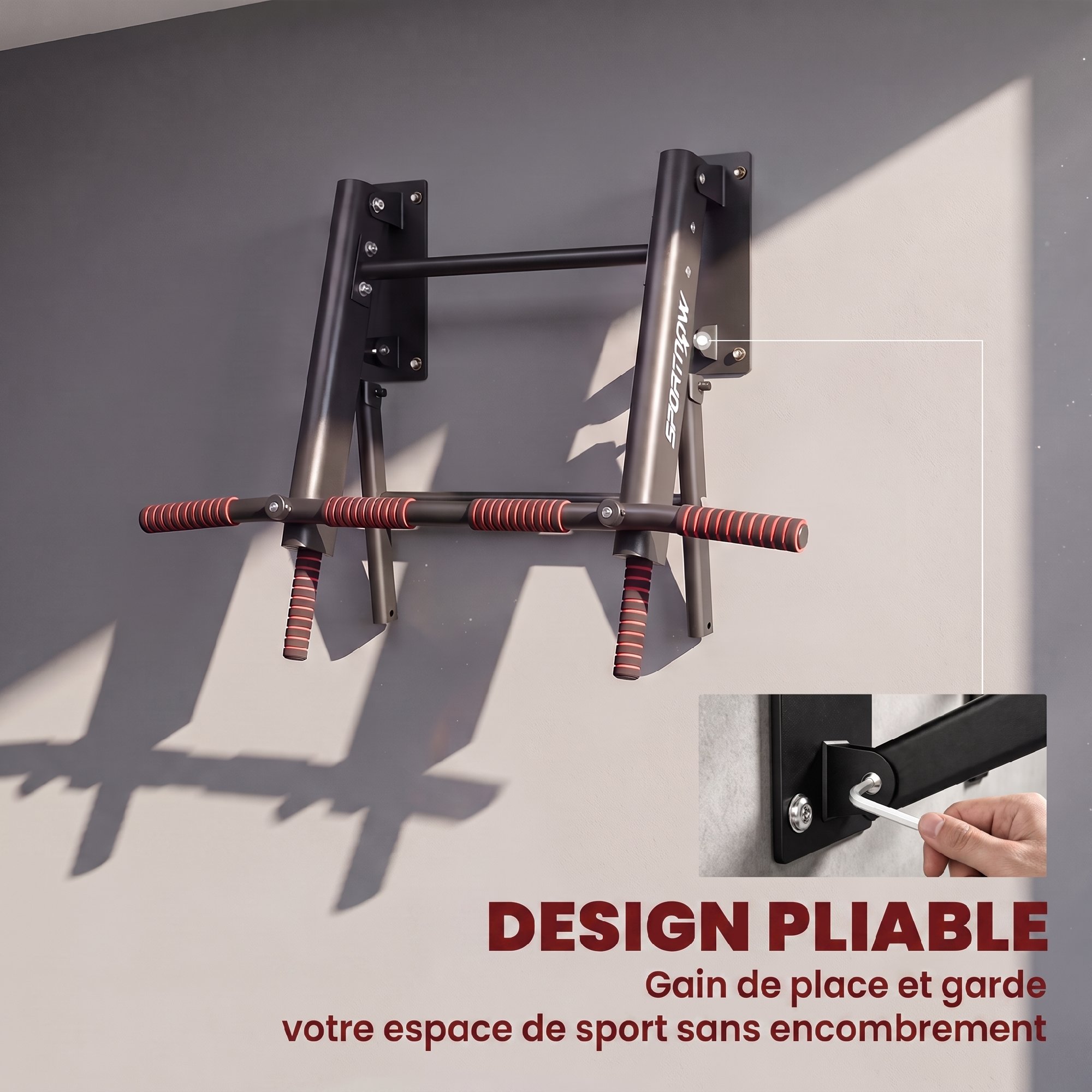 Barre de Traction Murale Pliable en Acier – Charge 120 kg – Noir - Image 5