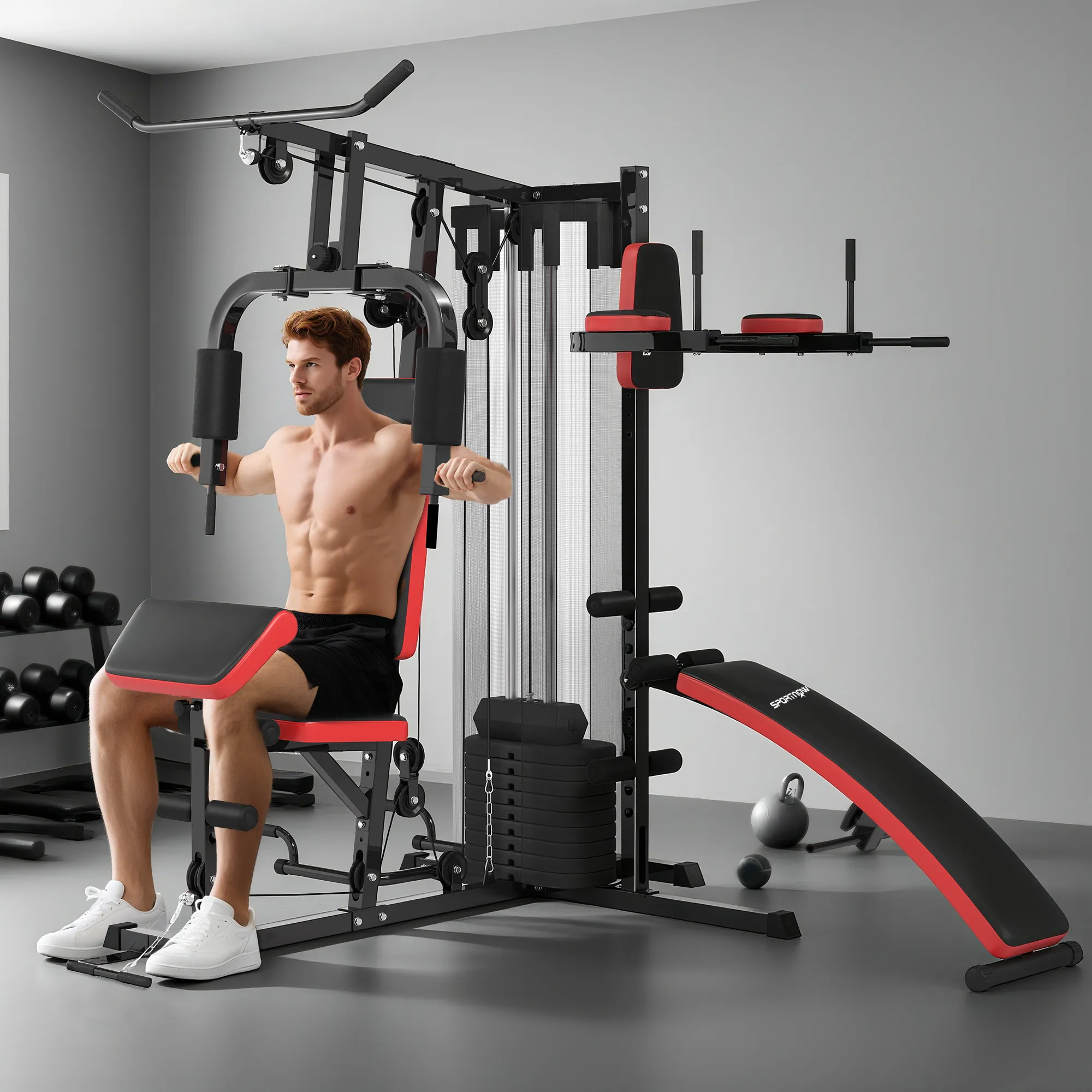Station de Musculation Multifonction 65 kg avec Banc & Poulies – Rouge & Noir Tags - Image 10