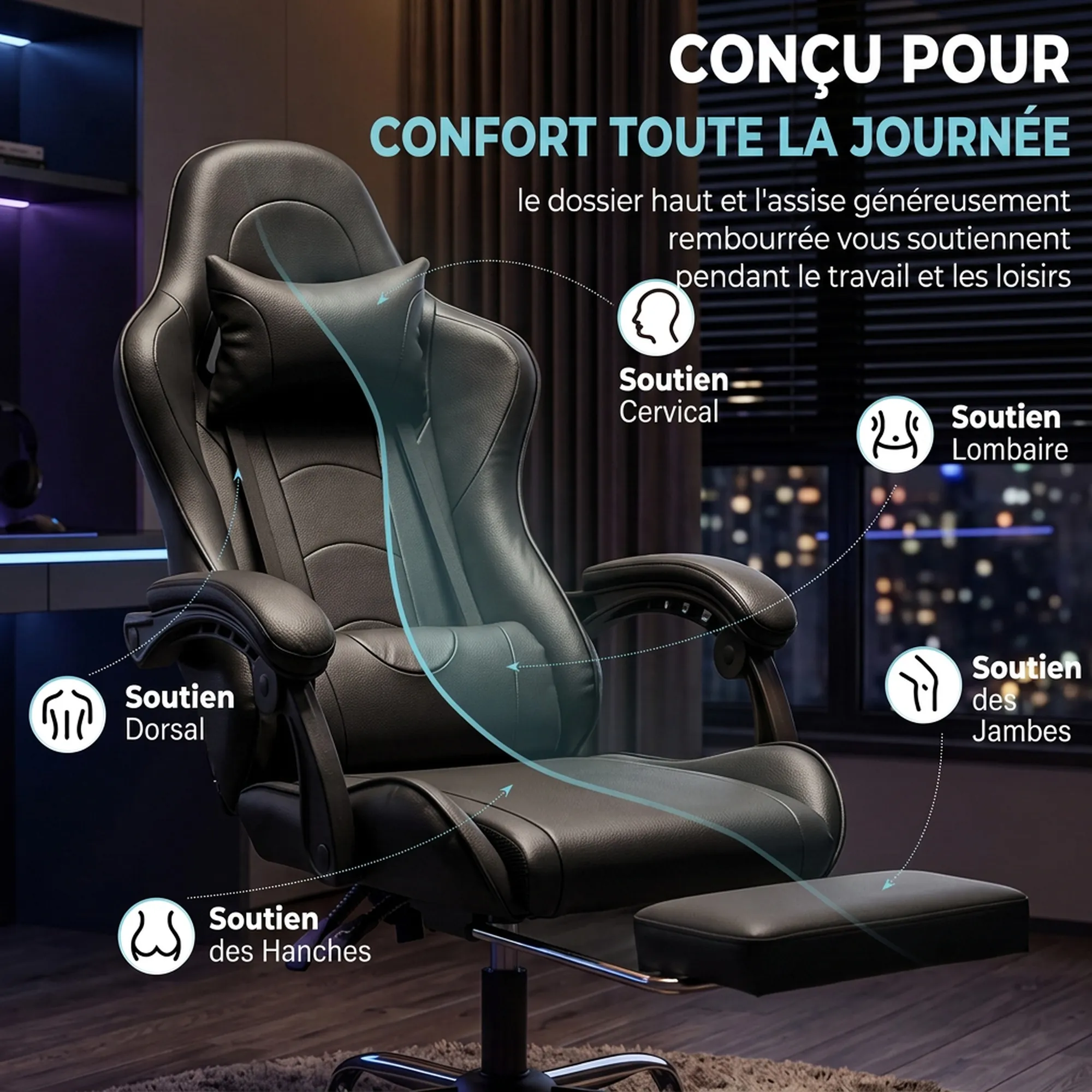 Fauteuil Gaming Ergonomique avec Massage USB, Repose-Pieds & Dossier Inclinable – Noir - Afbeelding 5