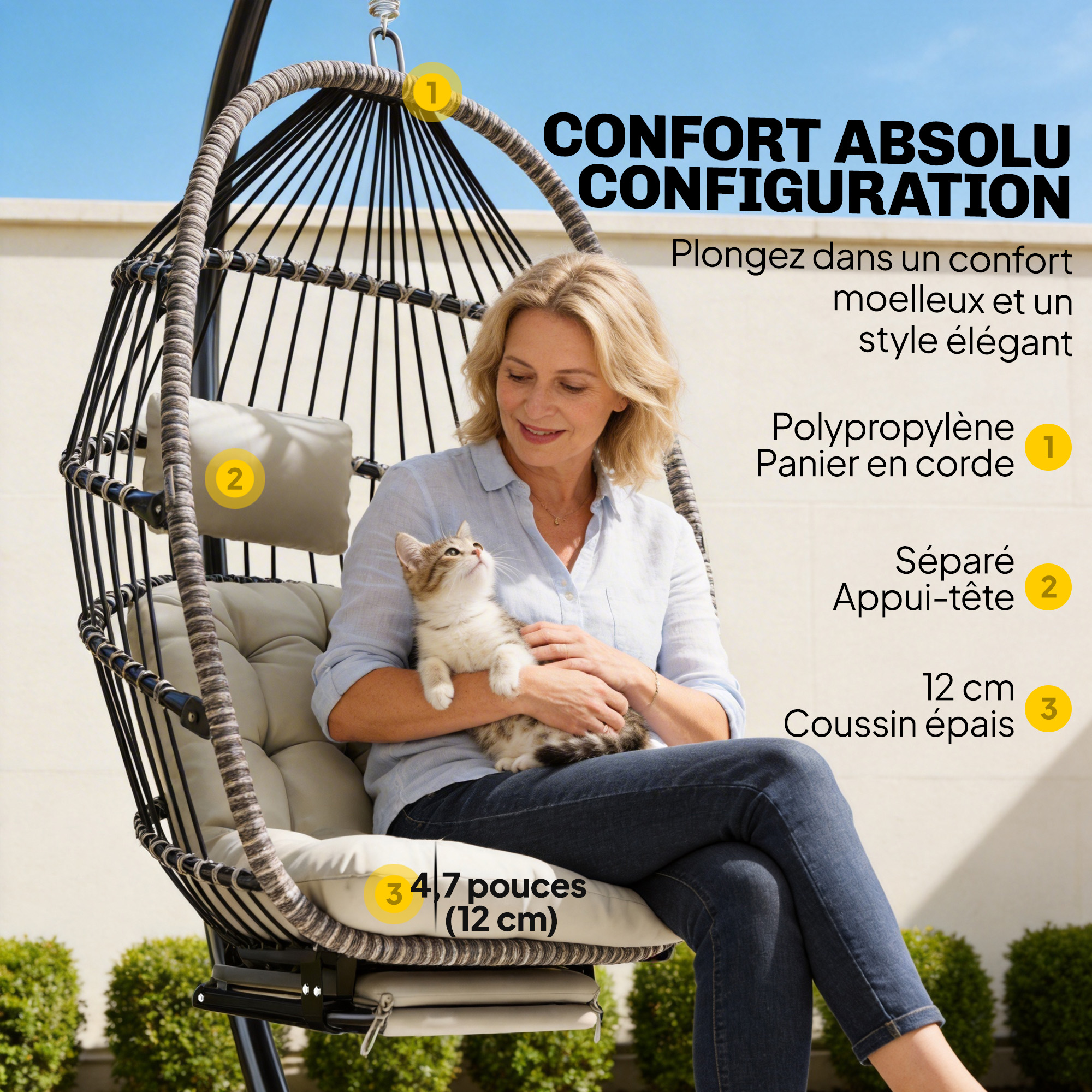 Fauteuil Œuf Suspendu sur Pied Pliable avec Repose-Pieds – Gris Clair - Image 6