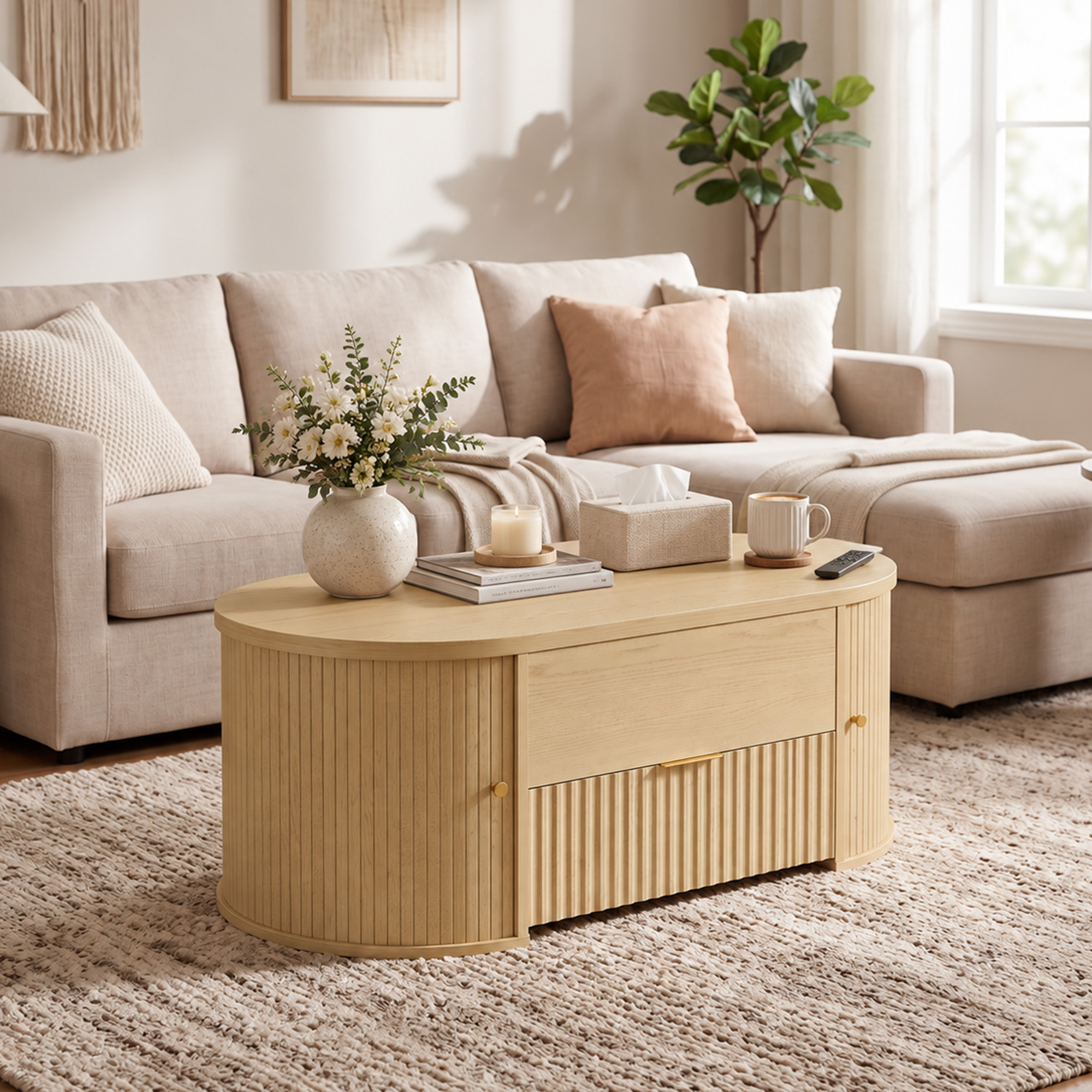 Table Basse Relevable Ovale avec Rangements et Portes Coulissantes – 100 cm – Chêne - Afbeelding 10