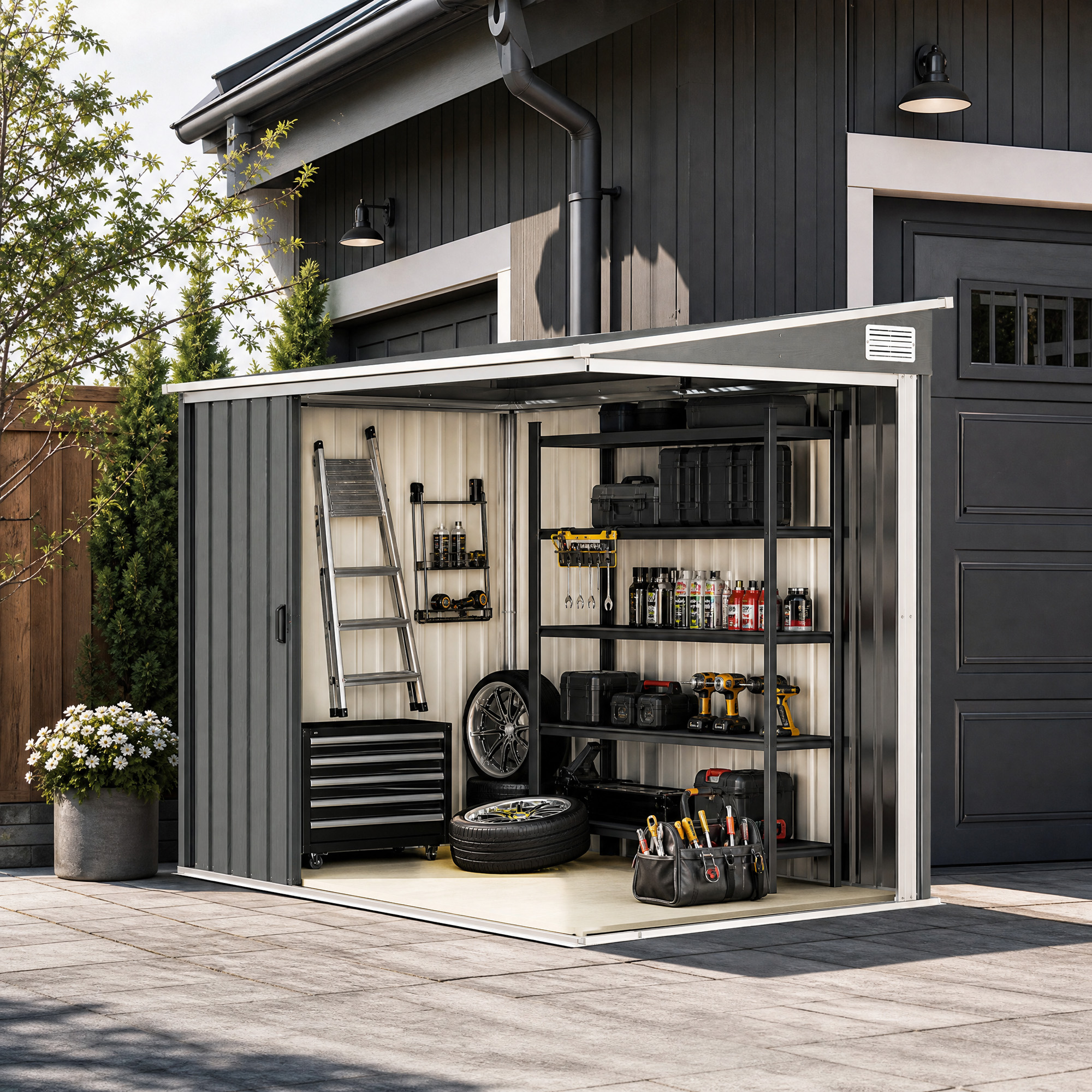 Abri de Jardin Métal Adossable 2,81 m² avec Porte Coulissante et Fondation – Gris Clair - Image 9