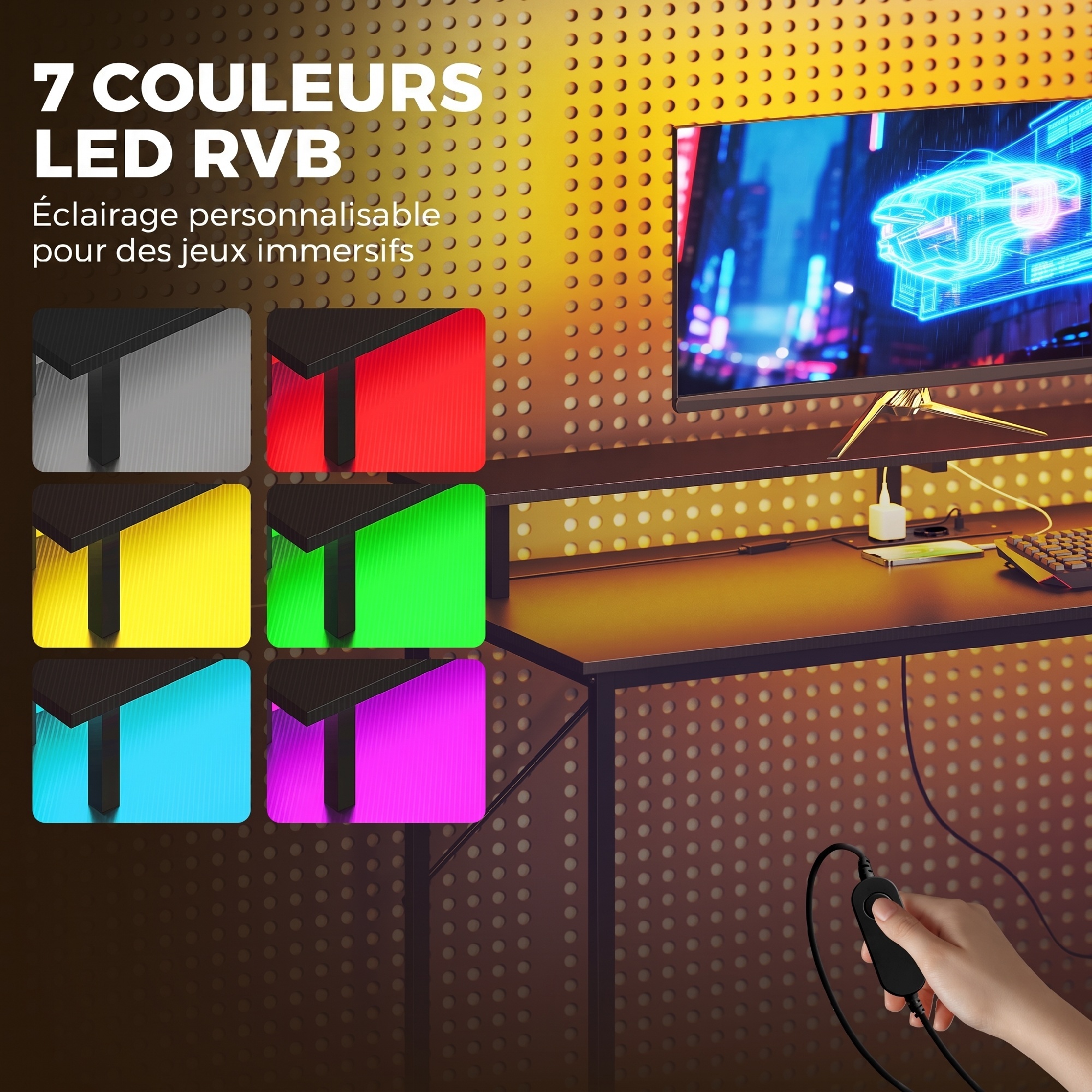 Bureau Gaming 147 x 47 cm, Éclairage RGB, Prises et Ports USB, Support pour Unité Centrale Réglable et Réversible, Noir - Image 5