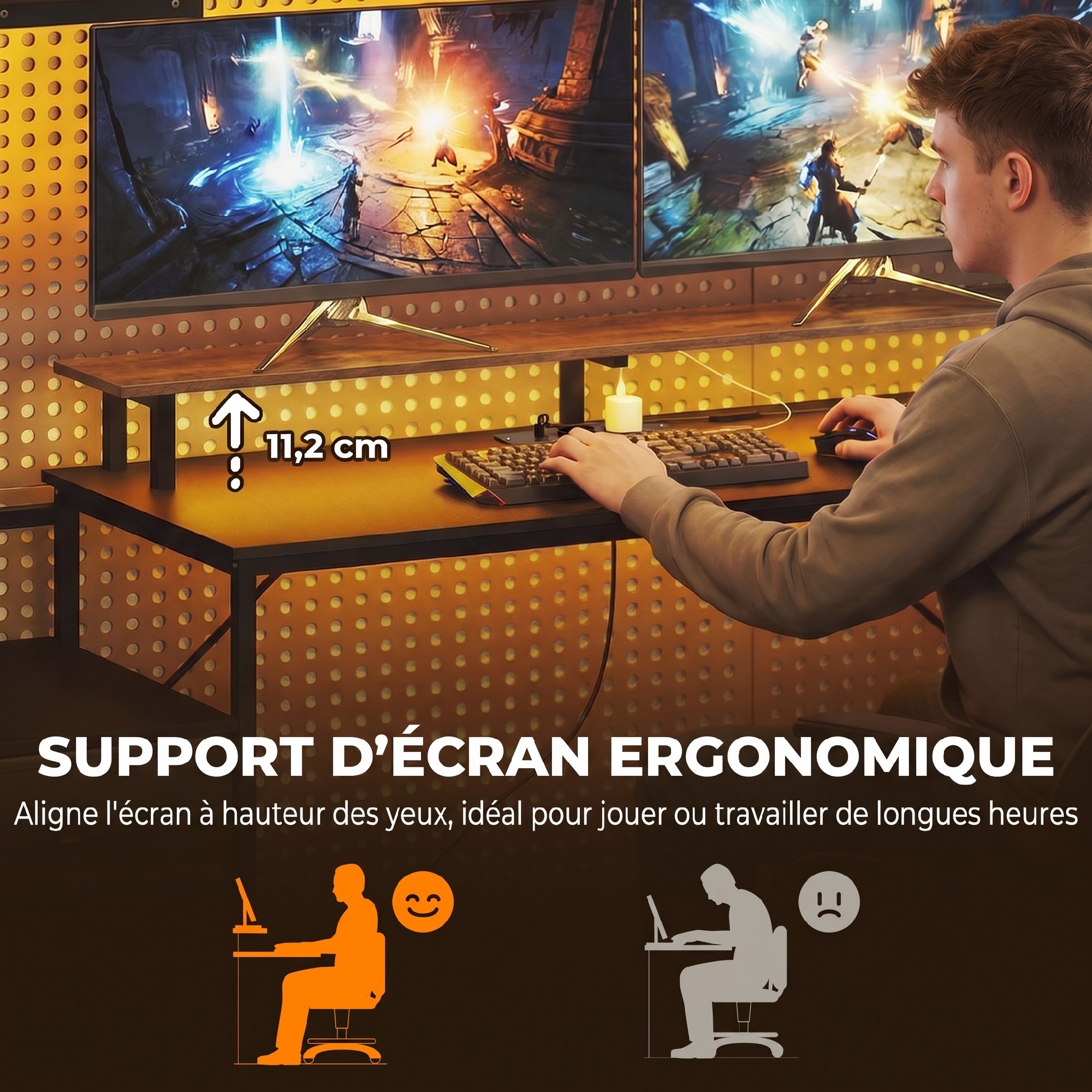 Bureau Gaming 147 x 47 cm, Éclairage RGB, Prises et Ports USB, Support pour Unité Centrale Réglable et Réversible, Noir - Image 7