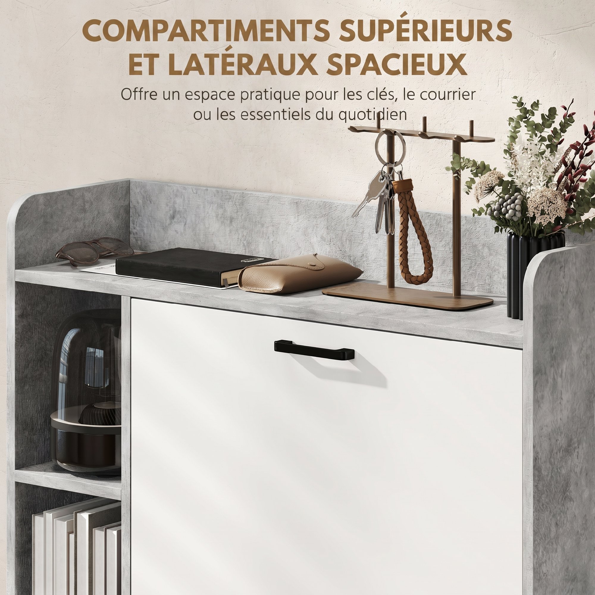 Meuble à Chaussures 15 Paires – 2 Tiroirs Basculants & Rangements – Blanc et Gris - Afbeelding 6