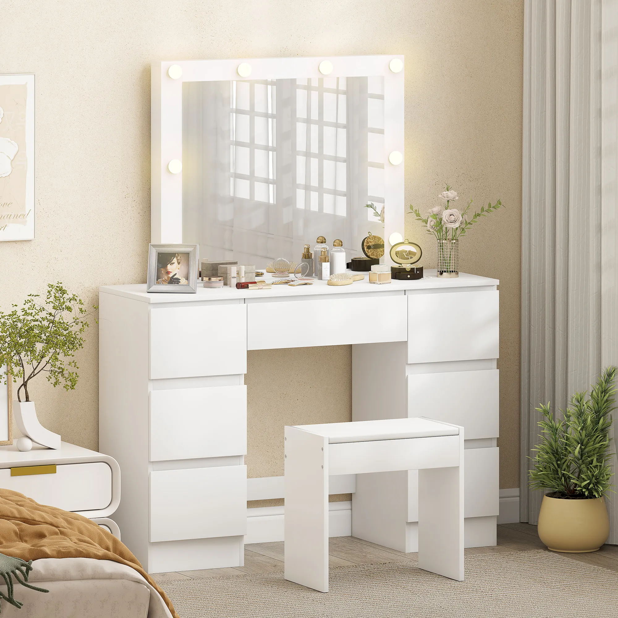Coiffeuse avec Miroir Hollywood LED & Tabouret – 7 Tiroirs – Blanc - Image 10