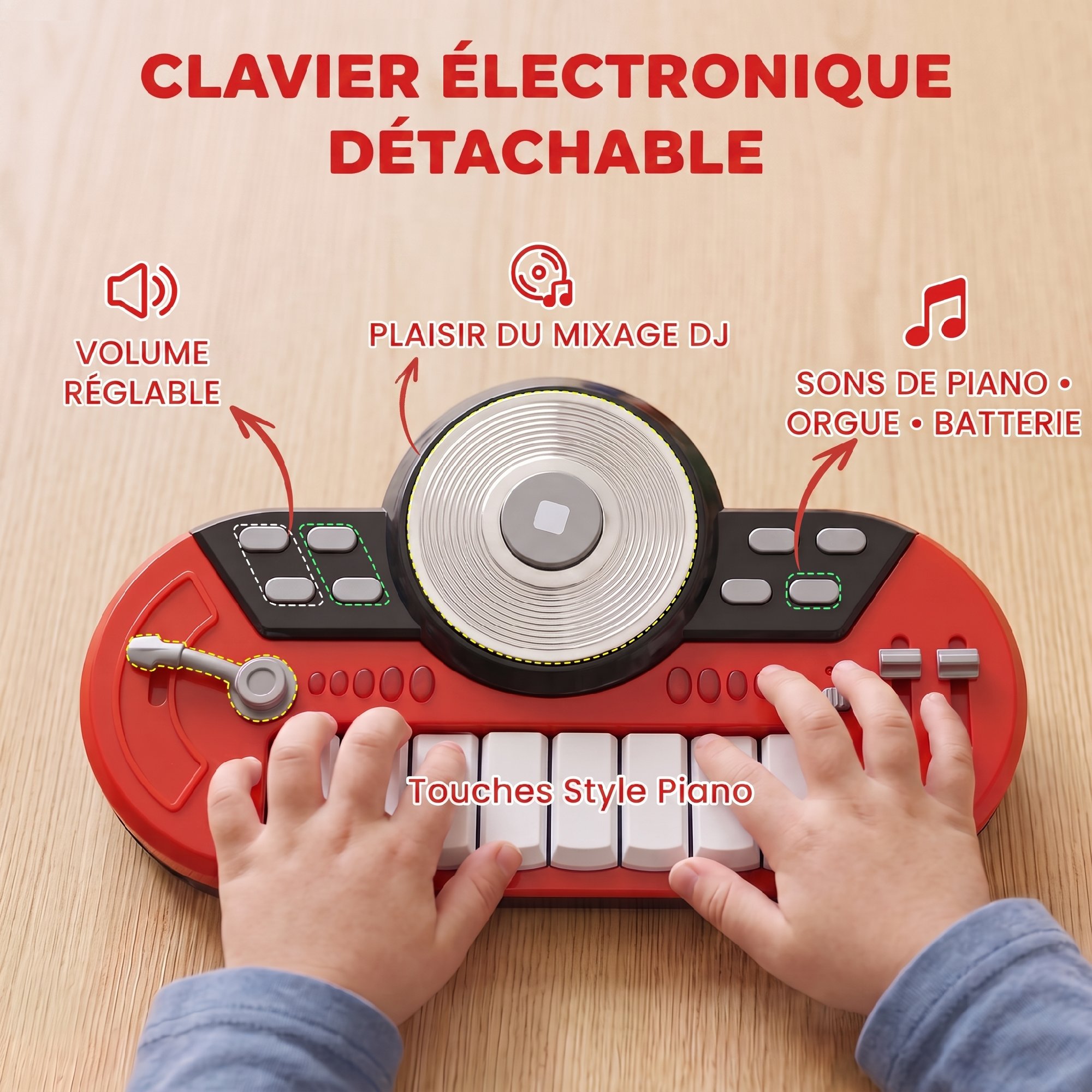 Batterie Musicale Enfant Électronique avec Clavier, Micro et Tabouret – Rouge - Afbeelding 6