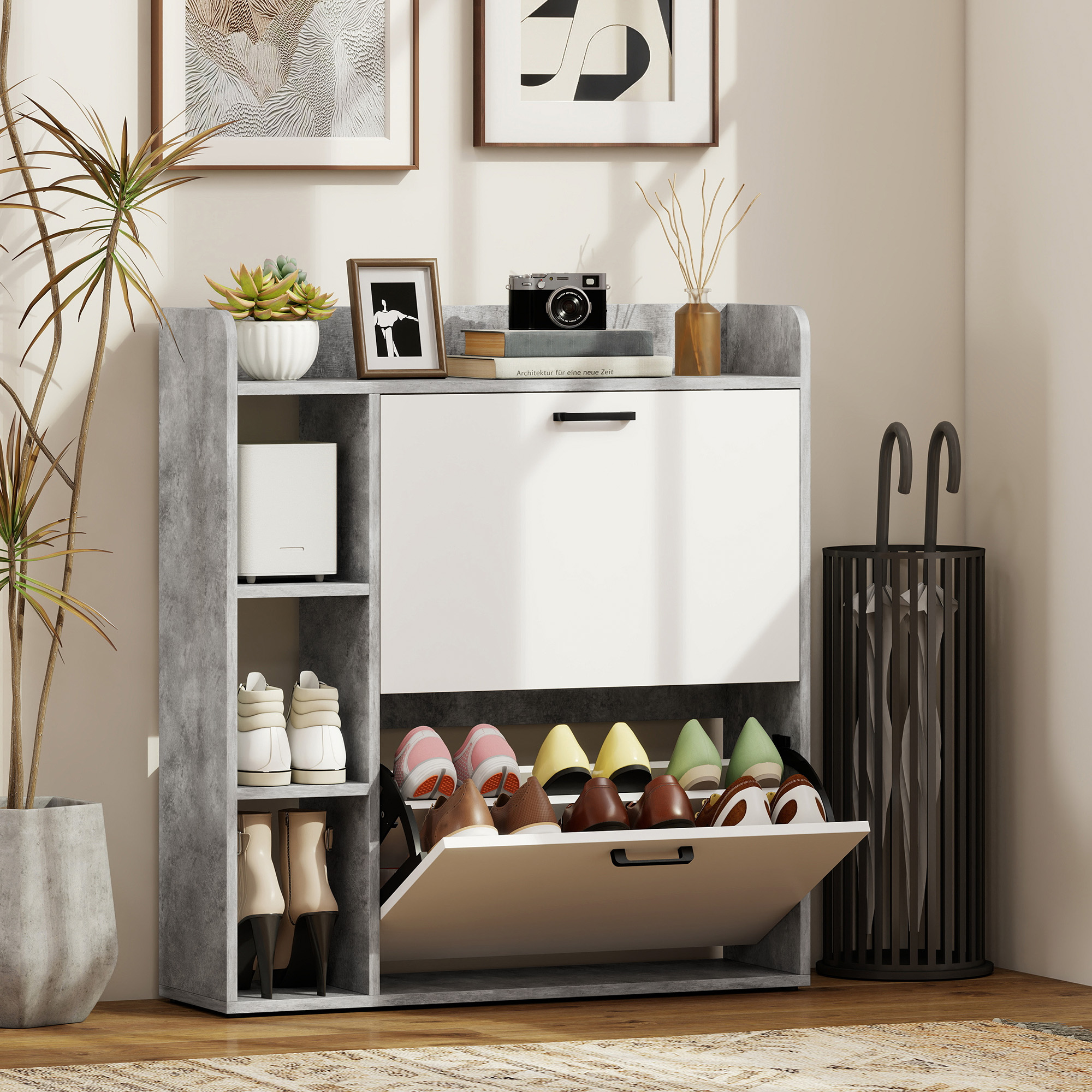 Meuble à Chaussures 15 Paires – 2 Tiroirs Basculants & Rangements – Blanc et Gris - Afbeelding 2