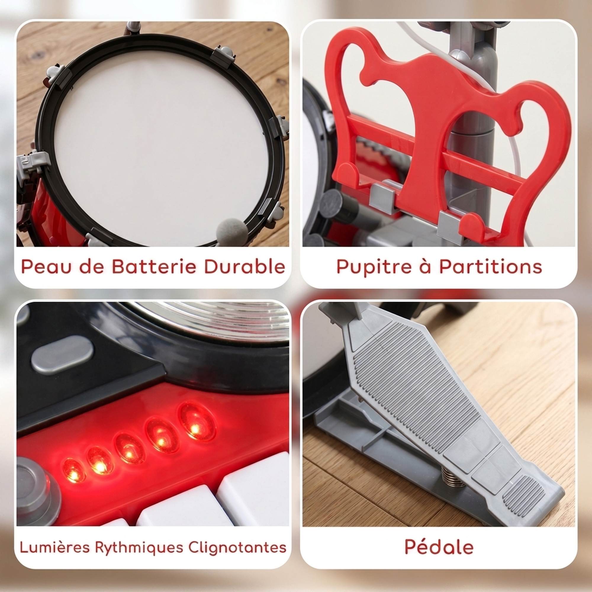 Batterie Musicale Enfant Électronique avec Clavier, Micro et Tabouret – Rouge - Afbeelding 7
