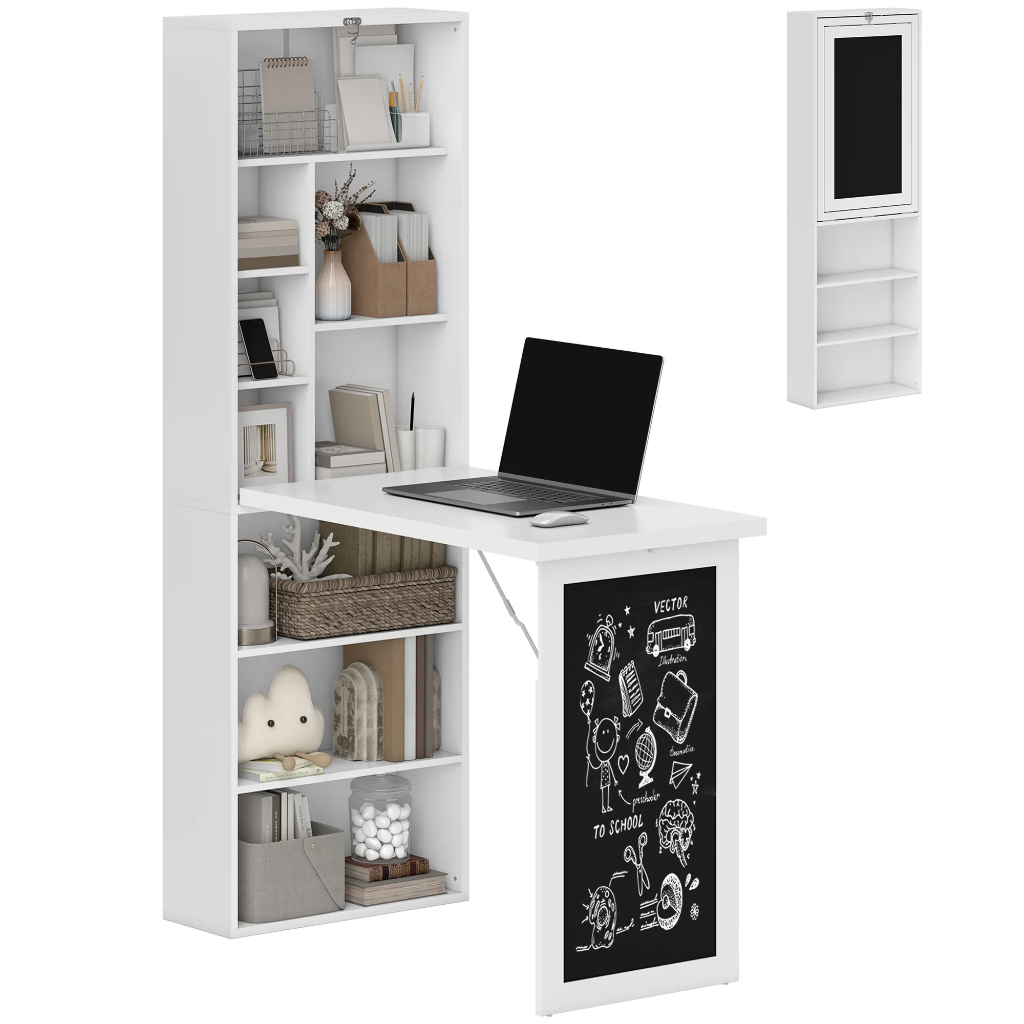 Bureau Pliable 3-en-1 avec Bibliothèque & Tableau Noir – Blanc