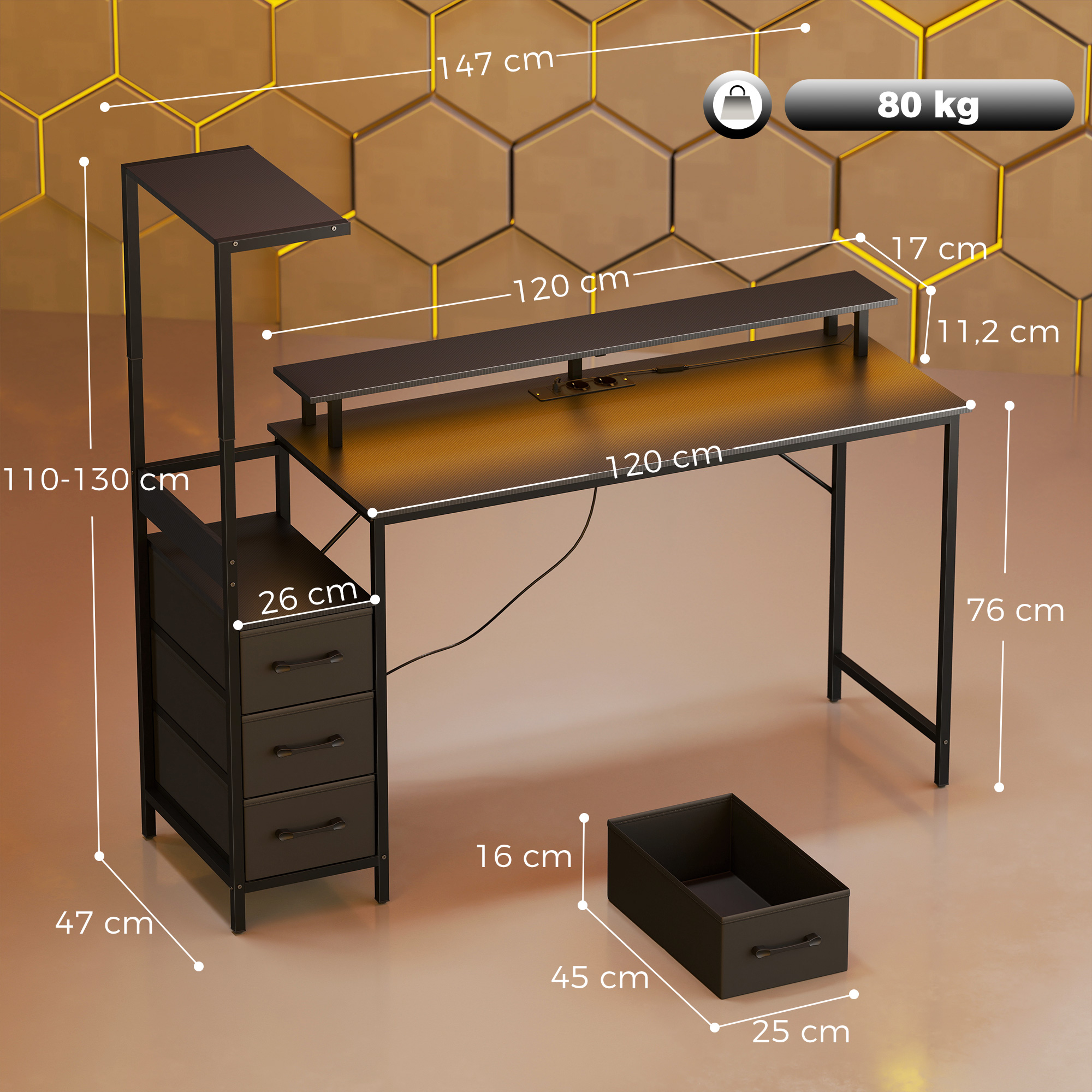 Bureau Gaming 147 x 47 cm, Éclairage RGB, Prises et Ports USB, Support pour Unité Centrale Réglable et Réversible, Noir - Image 3