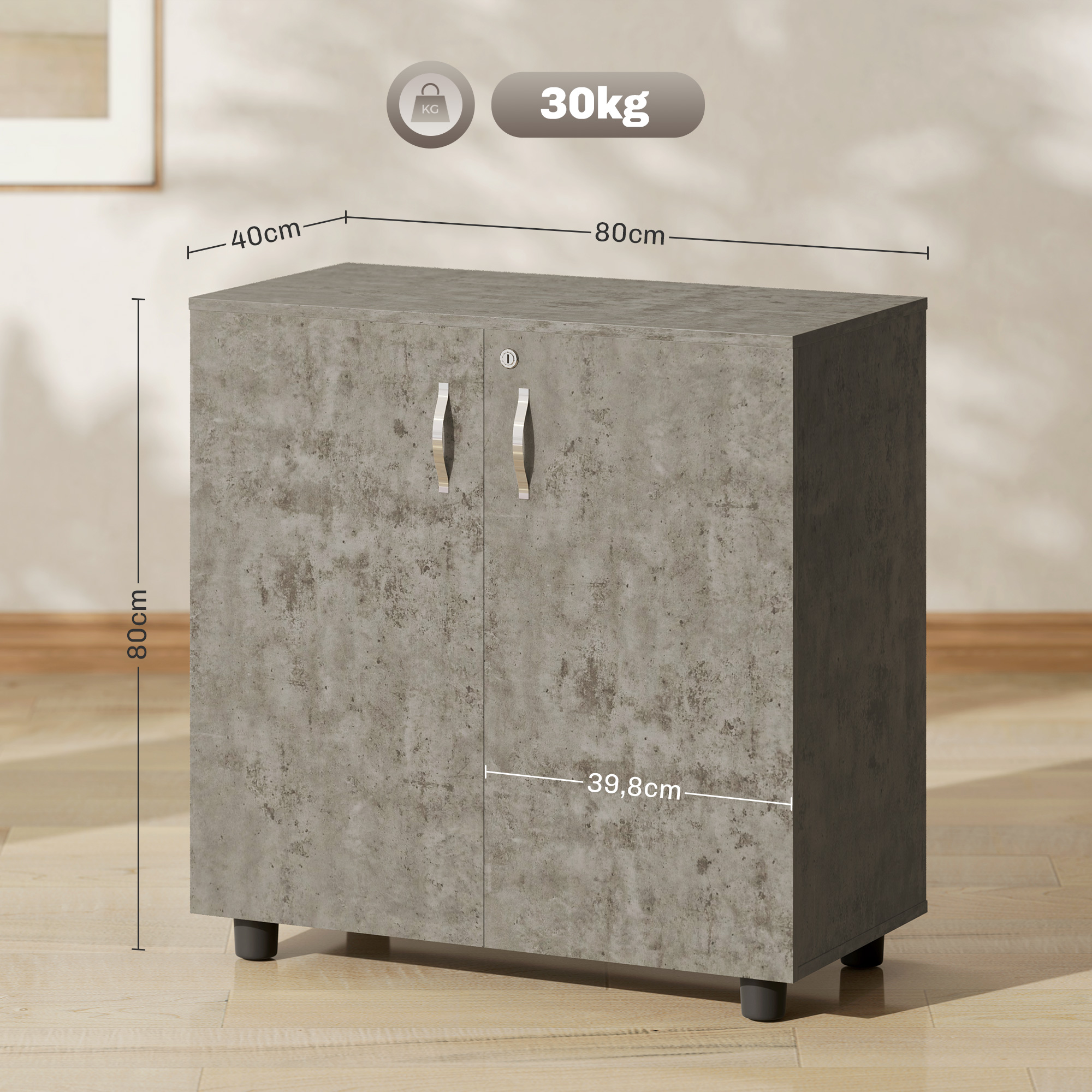 Armoire de Bureau Verrouillable 2 Portes avec Étagère – 80 cm – Gris - Image 3