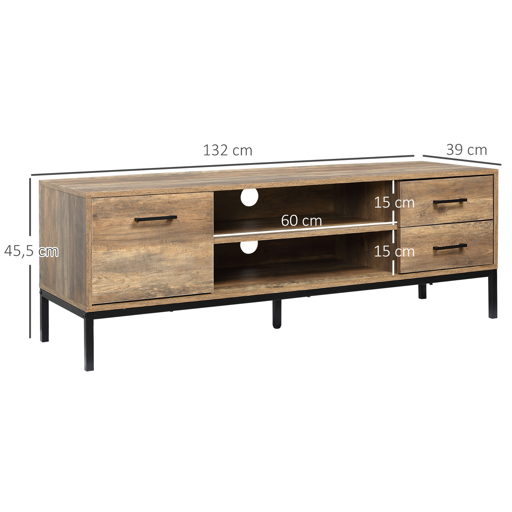 Meuble TV Industriel 132 cm – 2 Tiroirs, Placard & Niches – Marron et Noir - Afbeelding 3