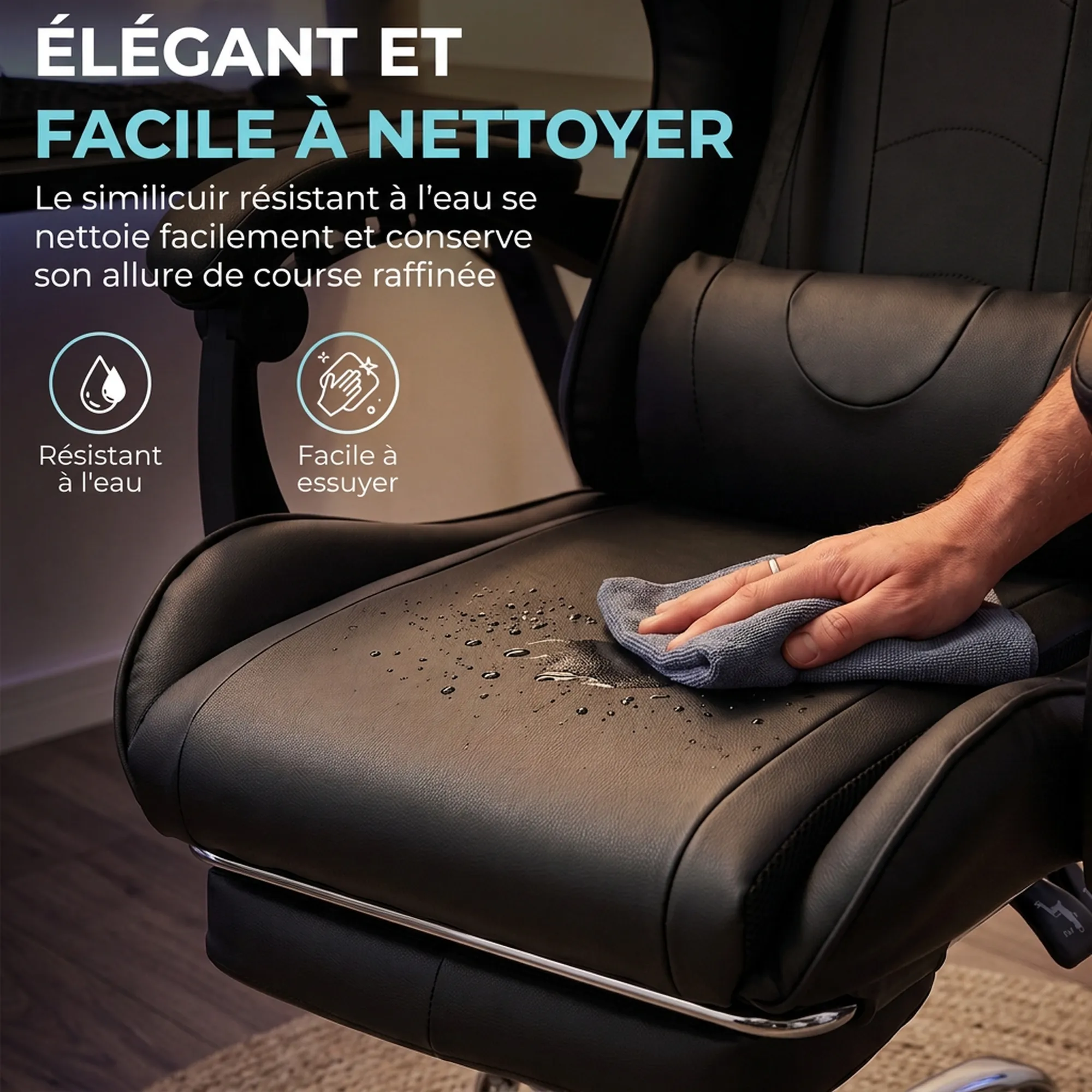 Fauteuil Gaming Ergonomique avec Massage USB, Repose-Pieds & Dossier Inclinable – Noir - Afbeelding 7