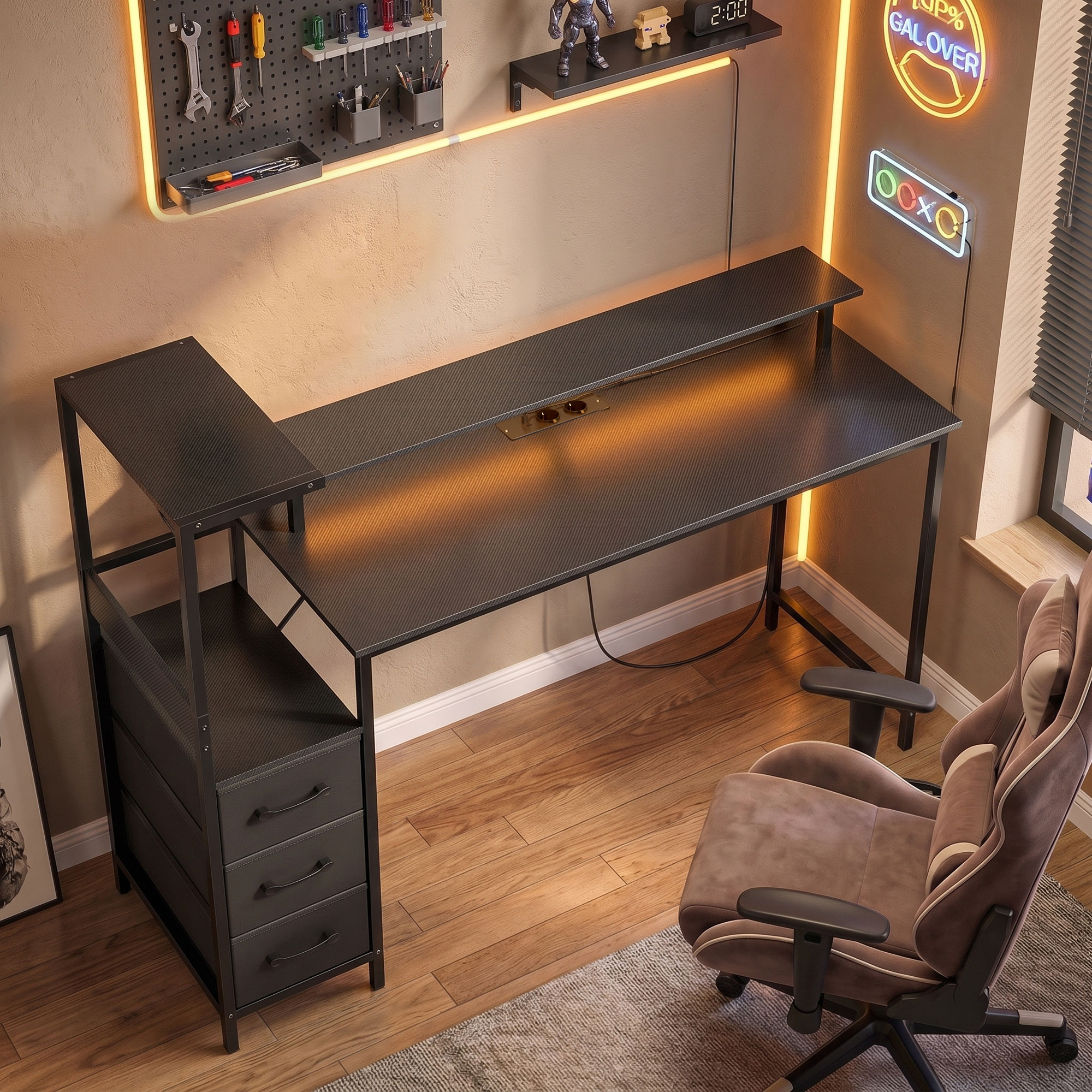 Bureau Gaming 147 x 47 cm, Éclairage RGB, Prises et Ports USB, Support pour Unité Centrale Réglable et Réversible, Noir - Image 2