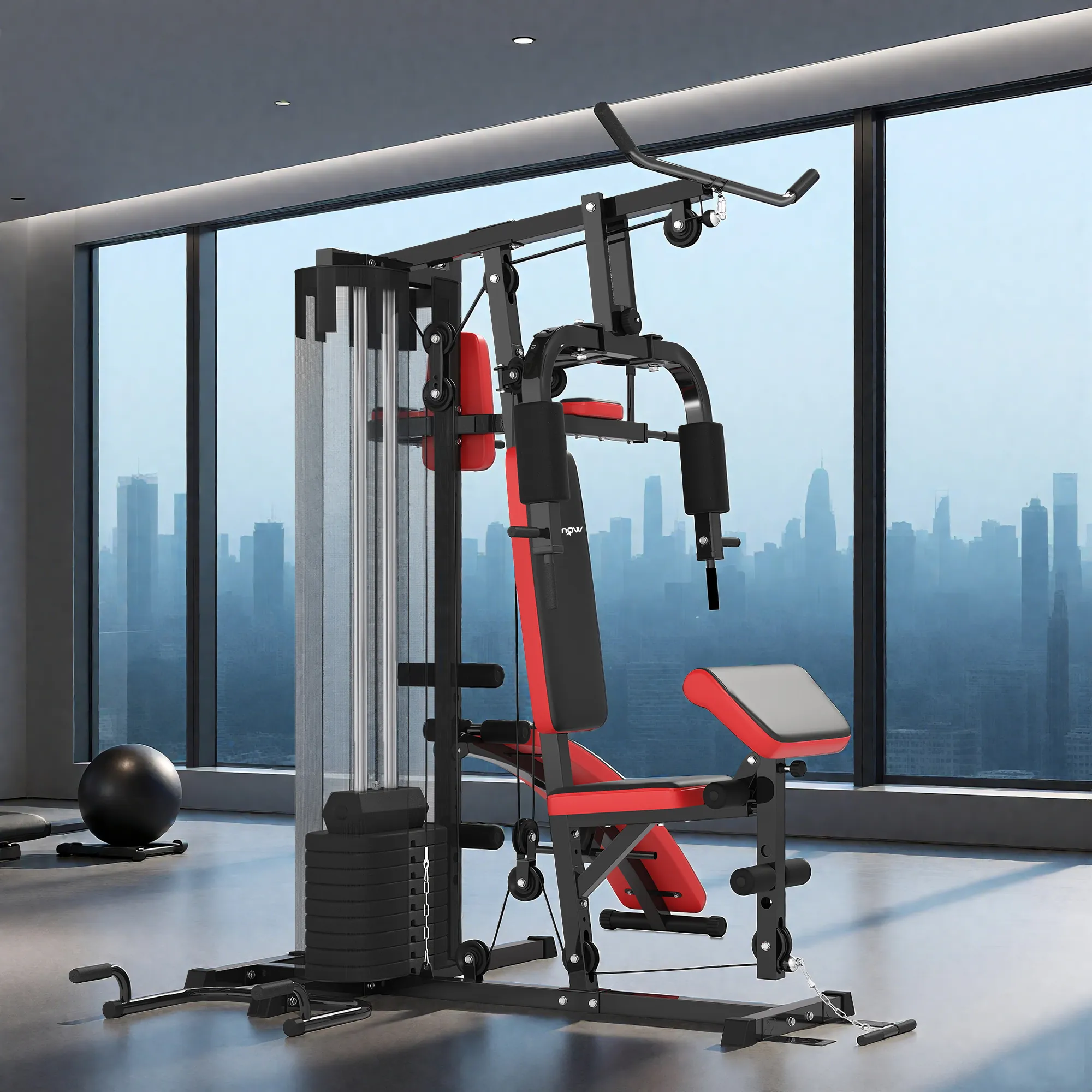 Station de Musculation Multifonction 65 kg avec Banc & Poulies – Rouge & Noir Tags - Image 9
