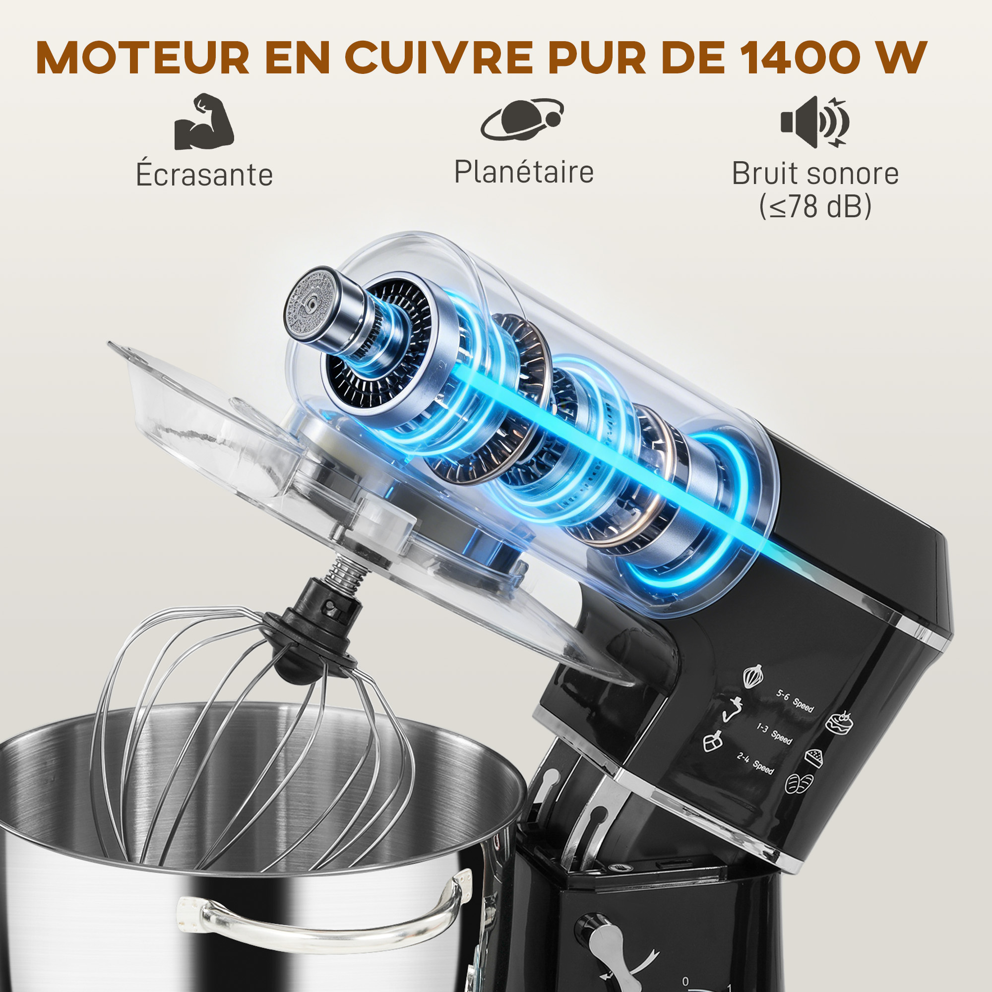 Robot Pâtissier 1400 W – Bol Inox 7 L, 6 Vitesses & Accessoires – Noir – Bild 4