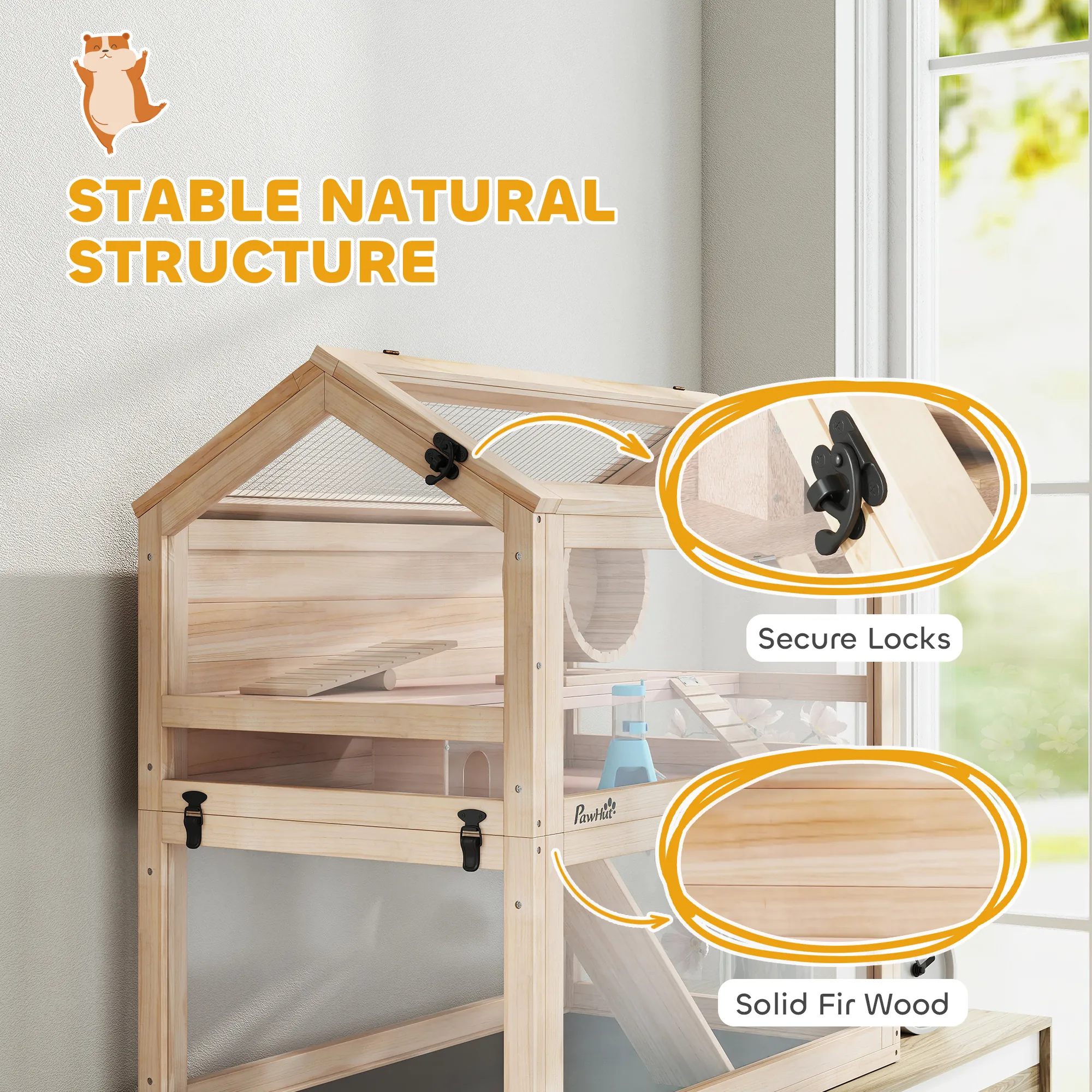 Cage pour Hamster 3 Niveaux en Bois avec Roue & Accessoires – 76 cm – Bild 4