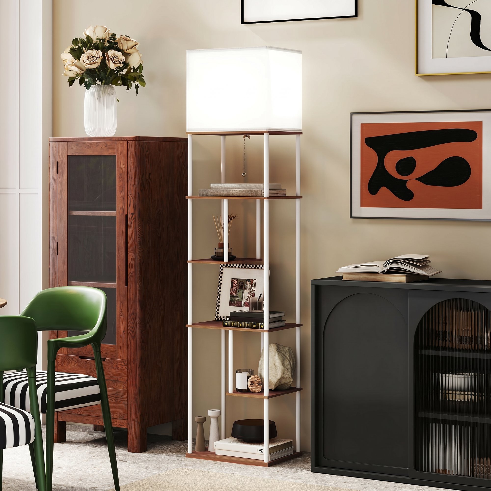 Lampadaire avec étagères, lampadaire sur pied de salon dimmable, télécommande, 40 x 29 x 171 cm, bois naturel - Afbeelding 7