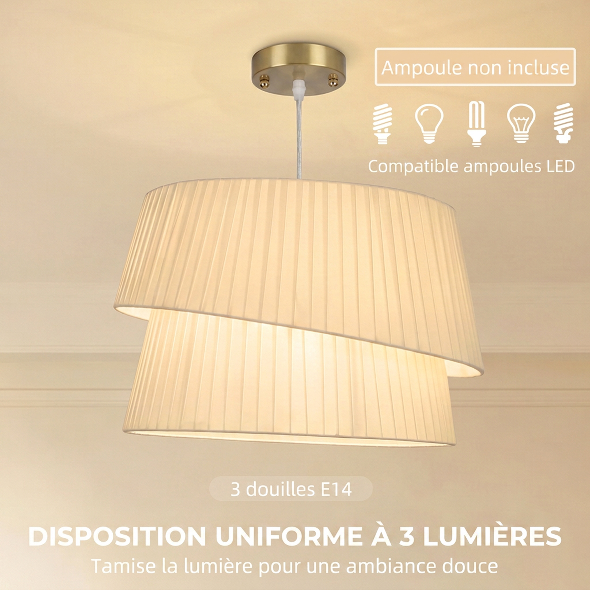 Suspension Luminaire Élégante à Double Abat-Jour, Rosace Dorée, Câble Réglable, Ampoule Non Incluse E14 40 W, Blanc – Bild 5