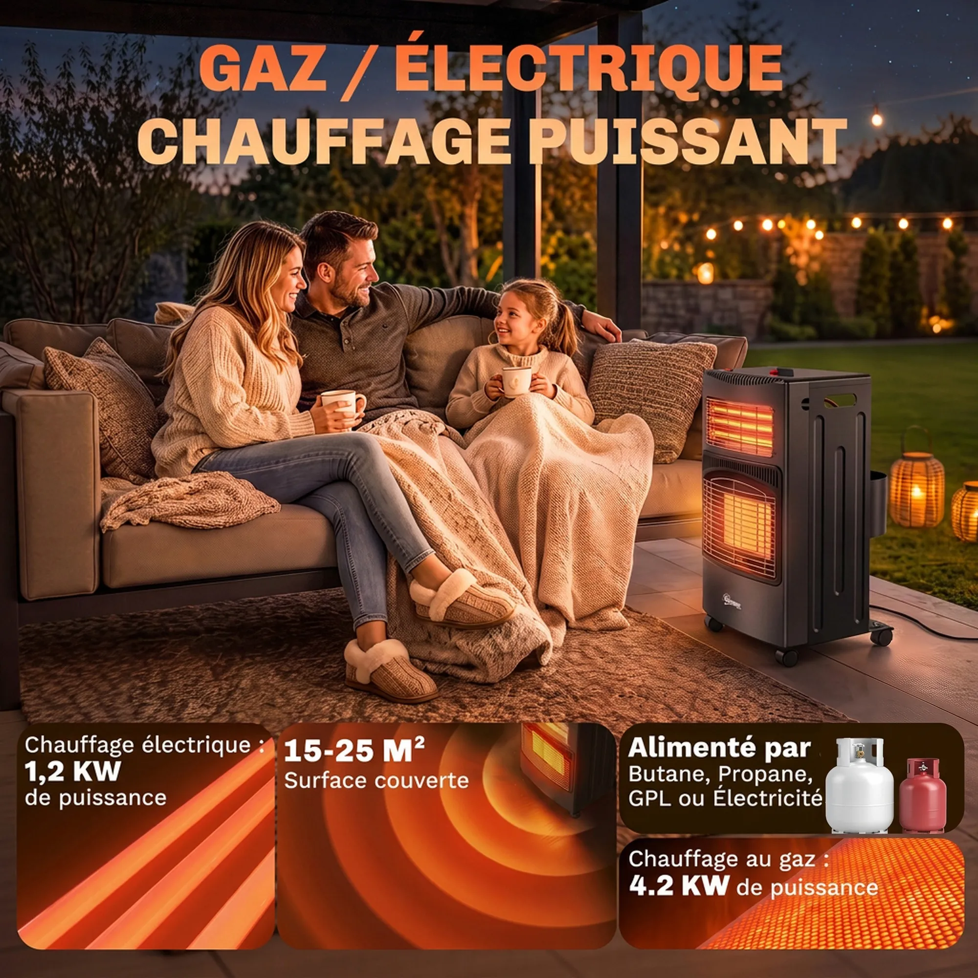 Chauffage d’Appoint Gaz & Électrique 4,2 kW / 1,2 kW – Pliable – Noir - Image 4