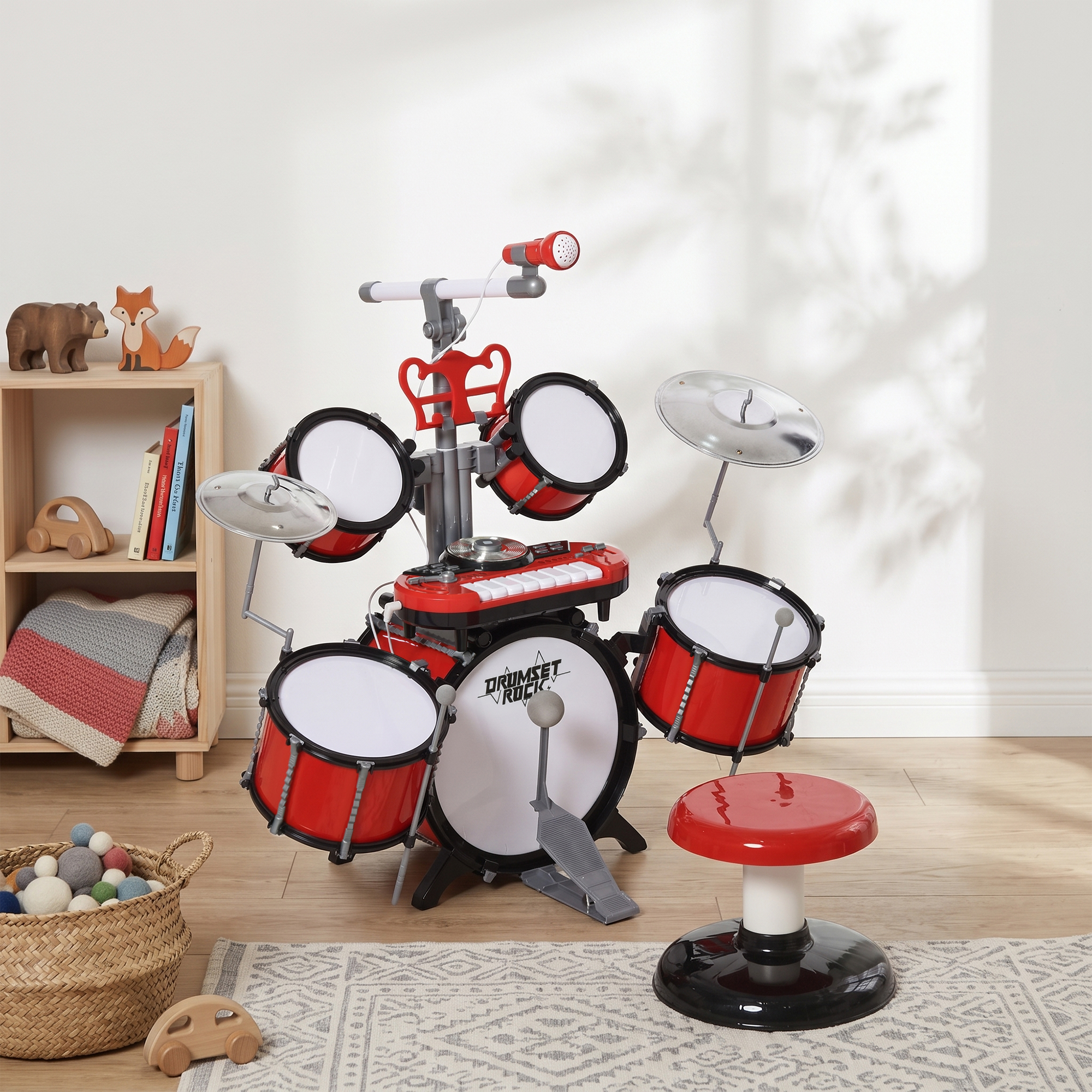 Batterie Musicale Enfant Électronique avec Clavier, Micro et Tabouret – Rouge - Afbeelding 8
