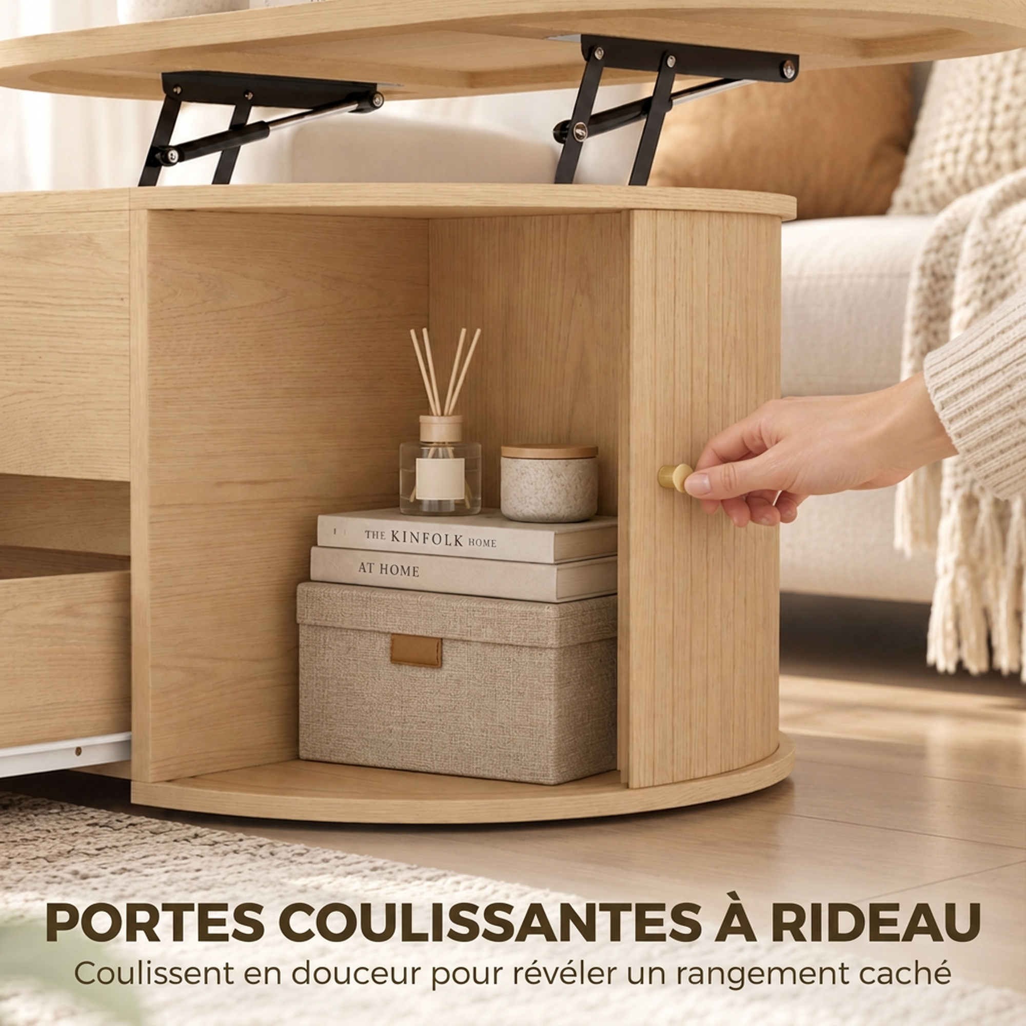 Table Basse Relevable Ovale avec Rangements et Portes Coulissantes – 100 cm – Chêne - Afbeelding 6