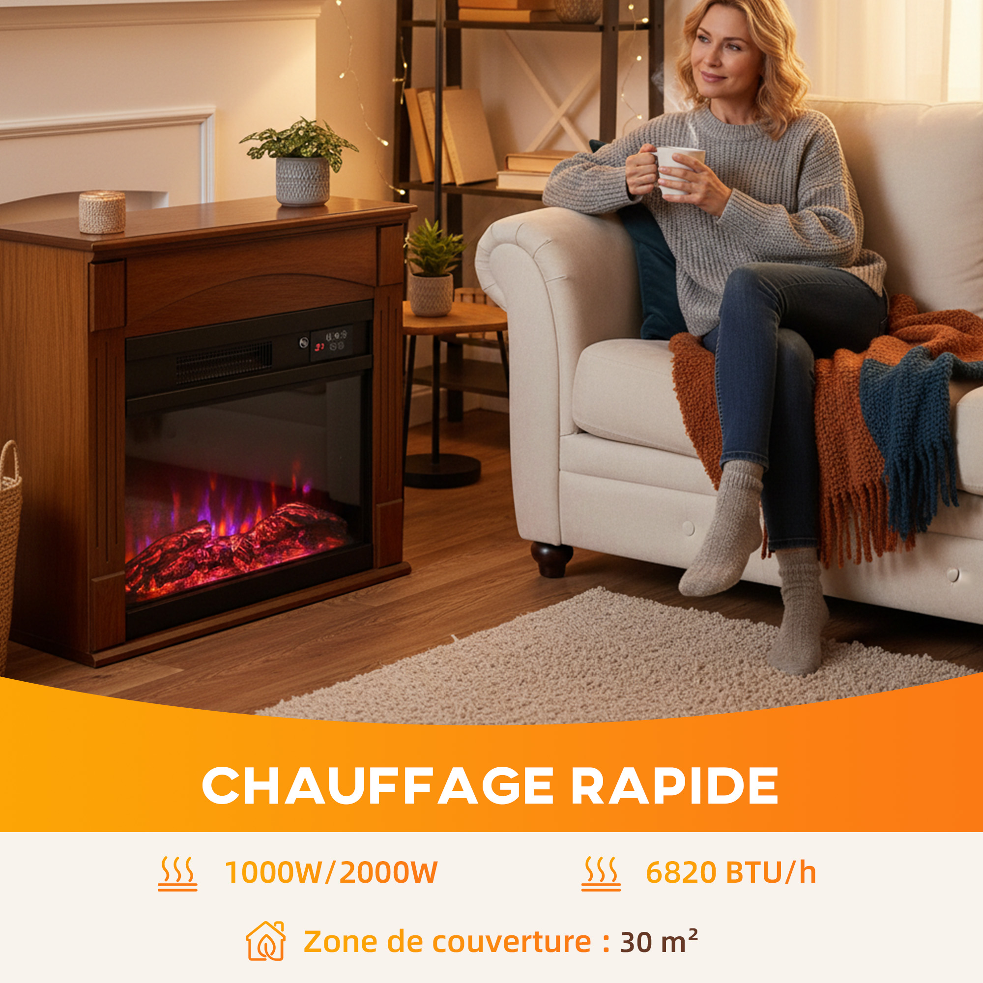 Cheminée Électrique 2000 W – Effet Flammes 3D, Télécommande & Thermostat – Marron – Bild 5