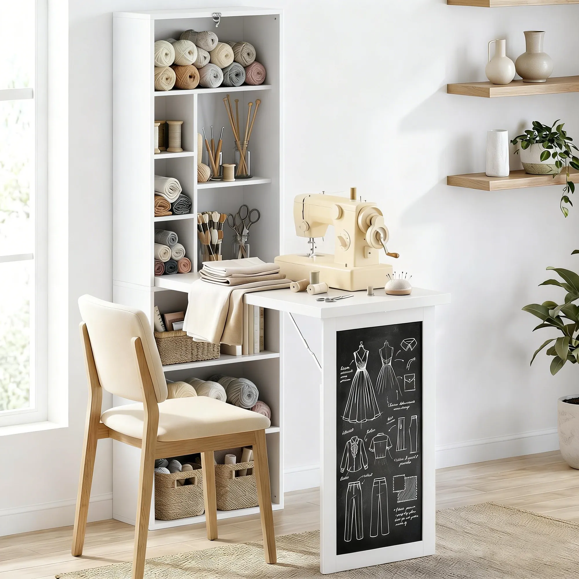 Bureau Pliable 3-en-1 avec Bibliothèque & Tableau Noir – Blanc - Image 8
