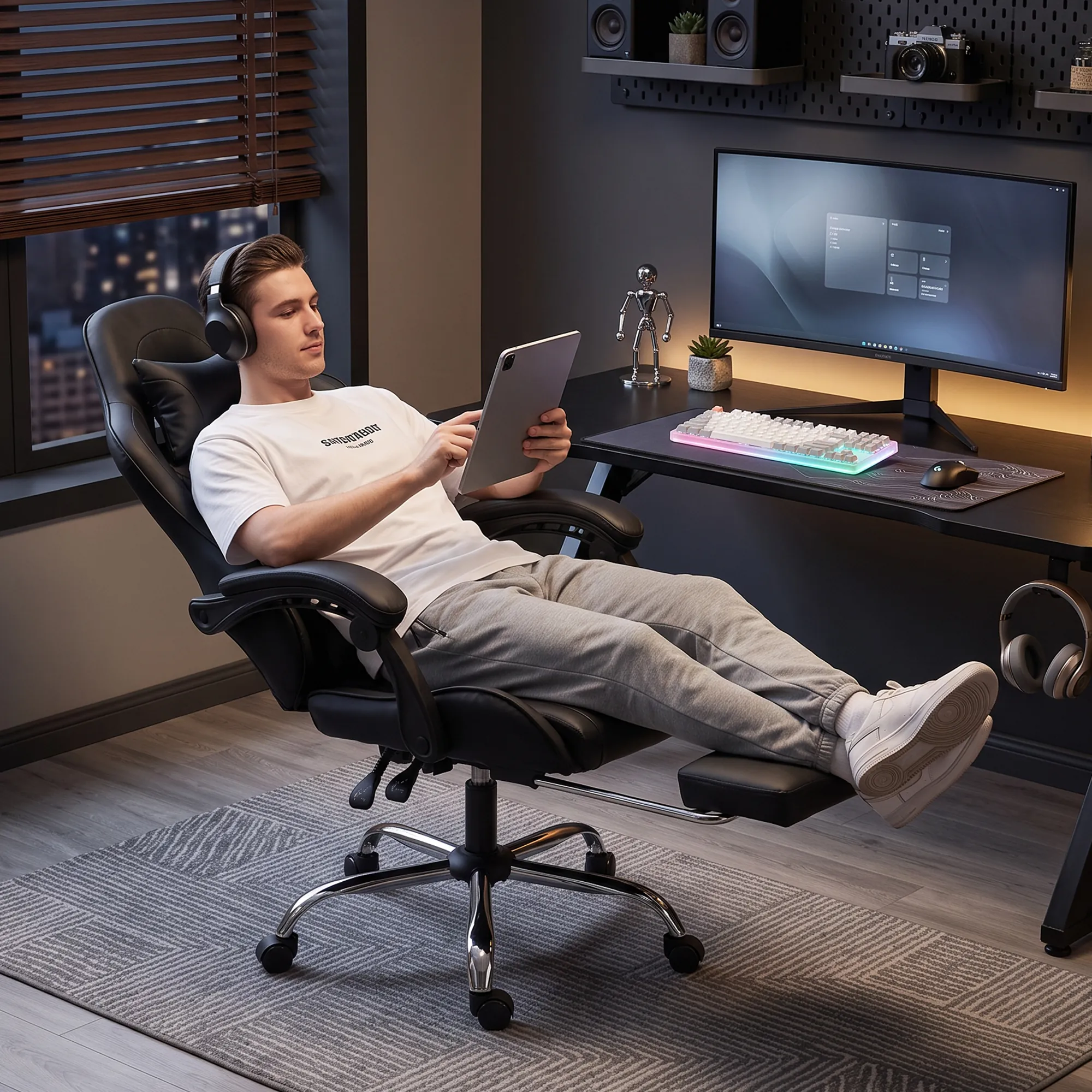 Fauteuil Gaming Ergonomique avec Massage USB, Repose-Pieds & Dossier Inclinable – Noir - Afbeelding 9