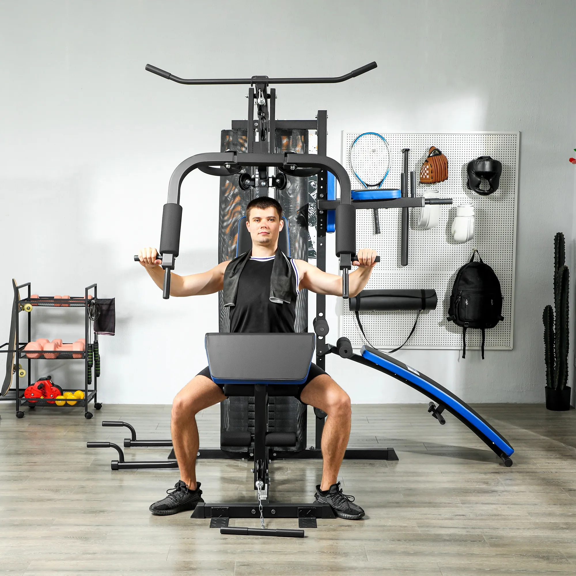 Station de Musculation Multifonction 65 kg avec Banc & Poulies – Bleu & Noir - Afbeelding 10