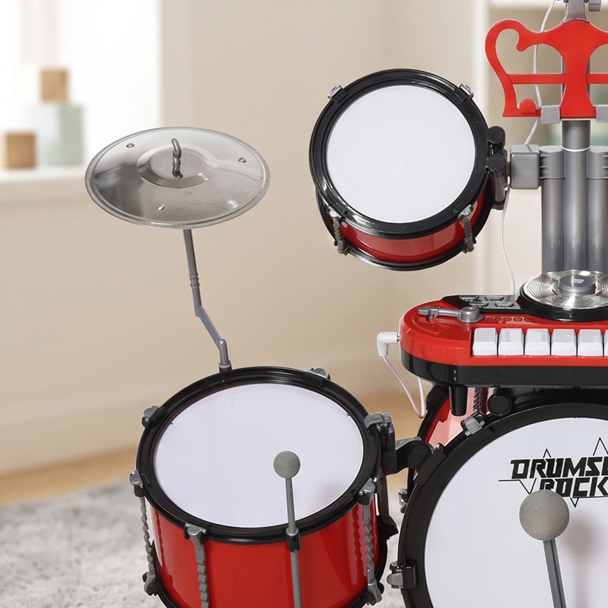 Batterie Musicale Enfant Électronique avec Clavier, Micro et Tabouret – Rouge - Afbeelding 9
