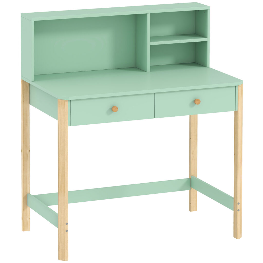 Bureau Enfant 90 cm avec 2 Tiroirs et Rangements – Vert et Bois Naturel
