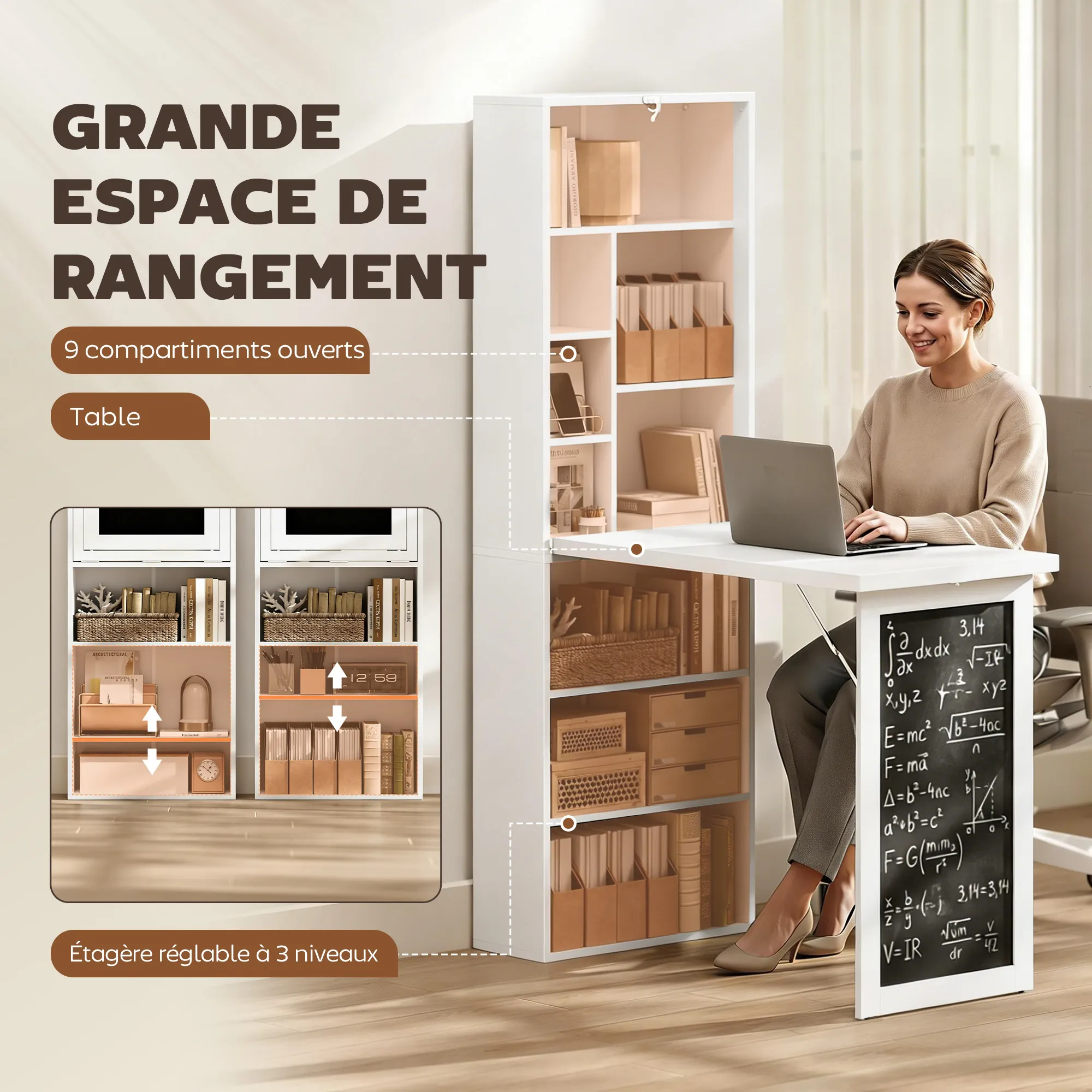 Bureau Pliable 3-en-1 avec Bibliothèque & Tableau Noir – Blanc - Image 5