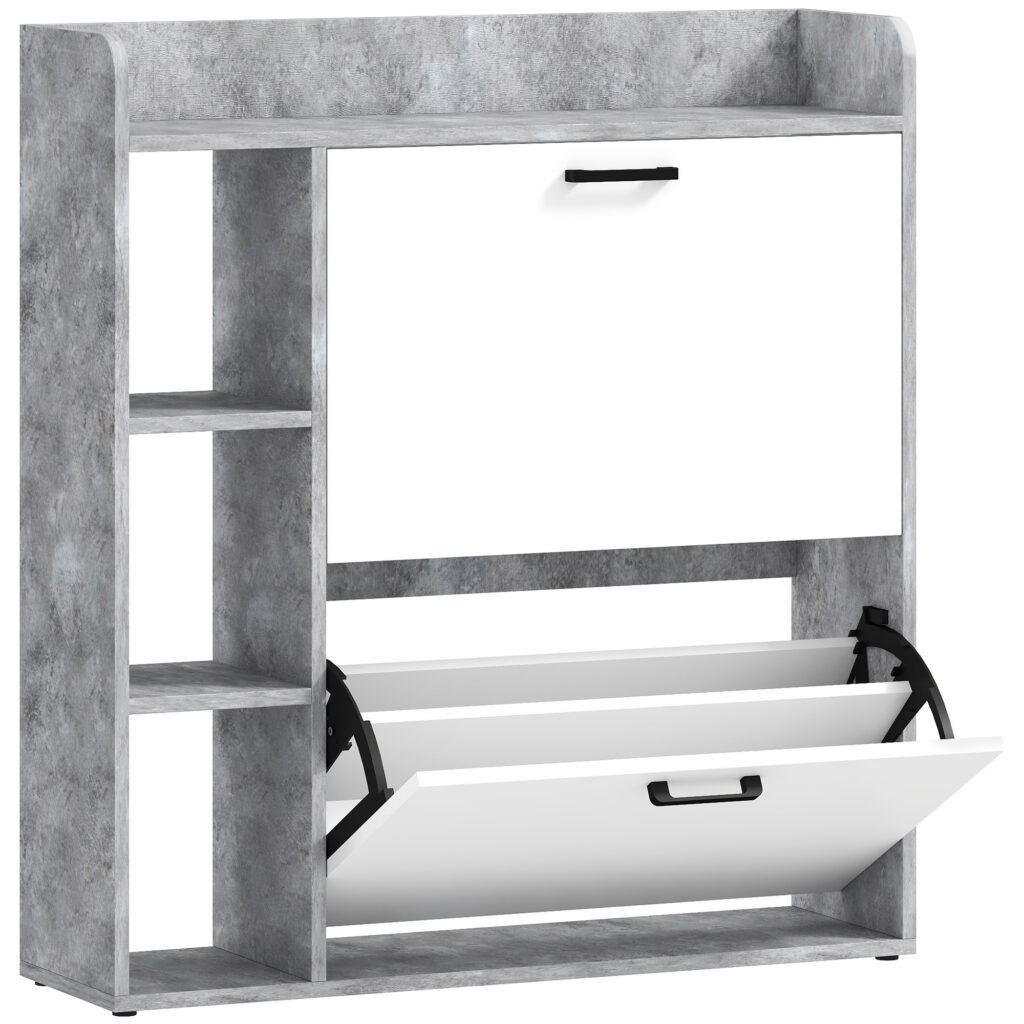 Meuble à Chaussures 15 Paires – 2 Tiroirs Basculants & Rangements – Blanc et Gris