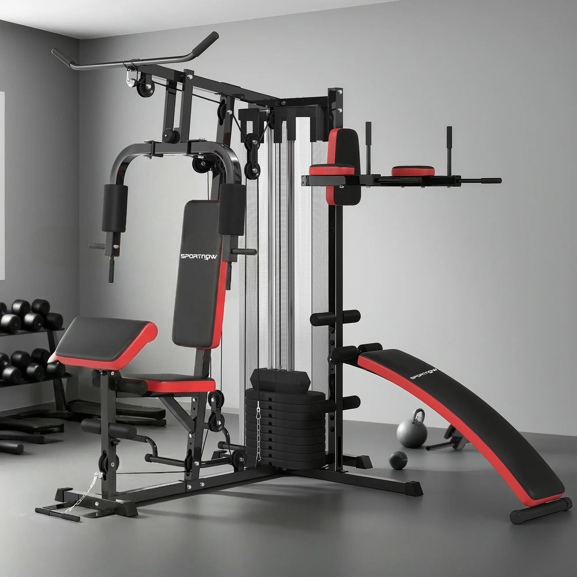 Station de Musculation Multifonction 65 kg avec Banc & Poulies – Rouge & Noir Tags - Image 2
