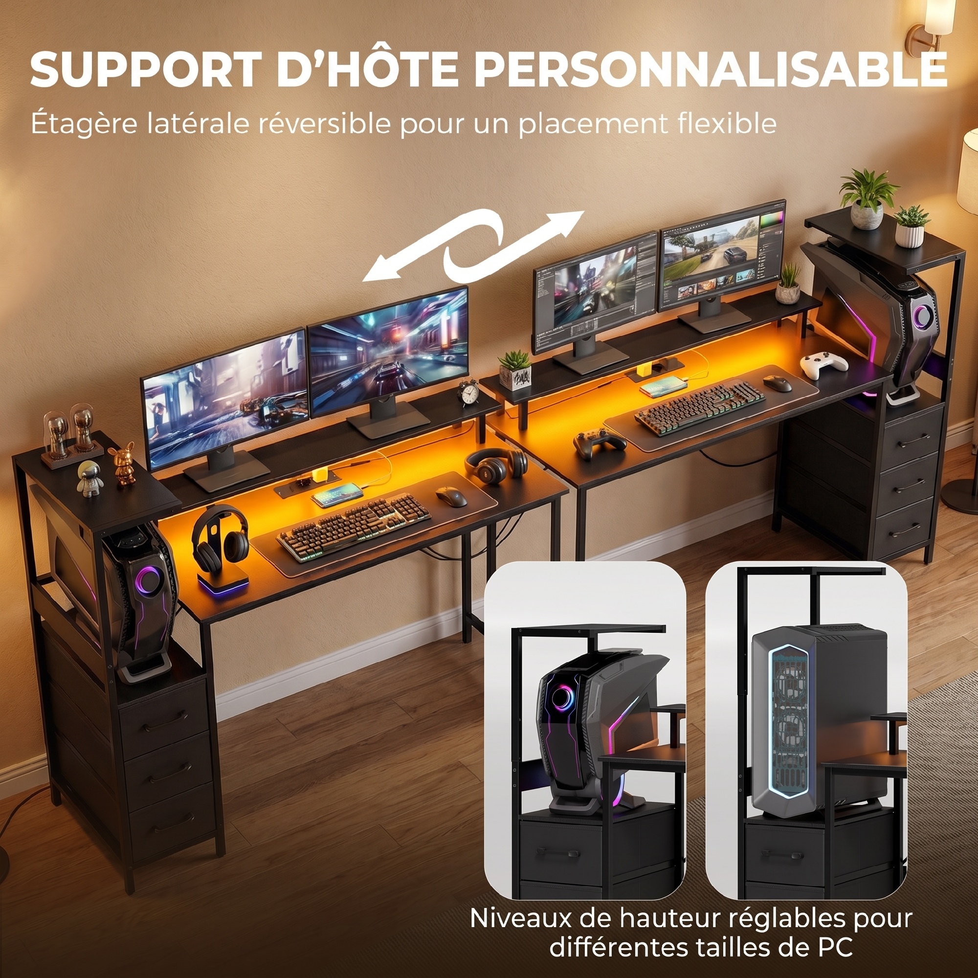 Bureau Gaming 147 x 47 cm, Éclairage RGB, Prises et Ports USB, Support pour Unité Centrale Réglable et Réversible, Noir - Image 4