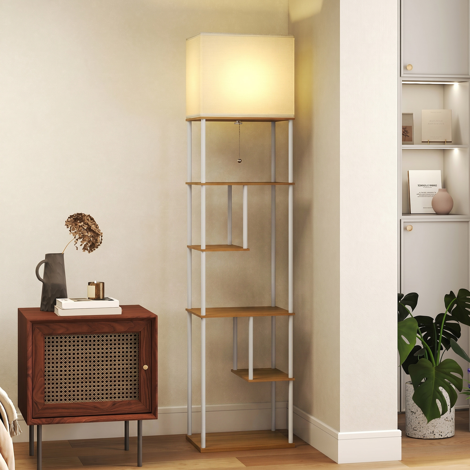 Lampadaire avec étagères, lampadaire sur pied de salon dimmable, télécommande, 40 x 29 x 171 cm, bois naturel - Afbeelding 2