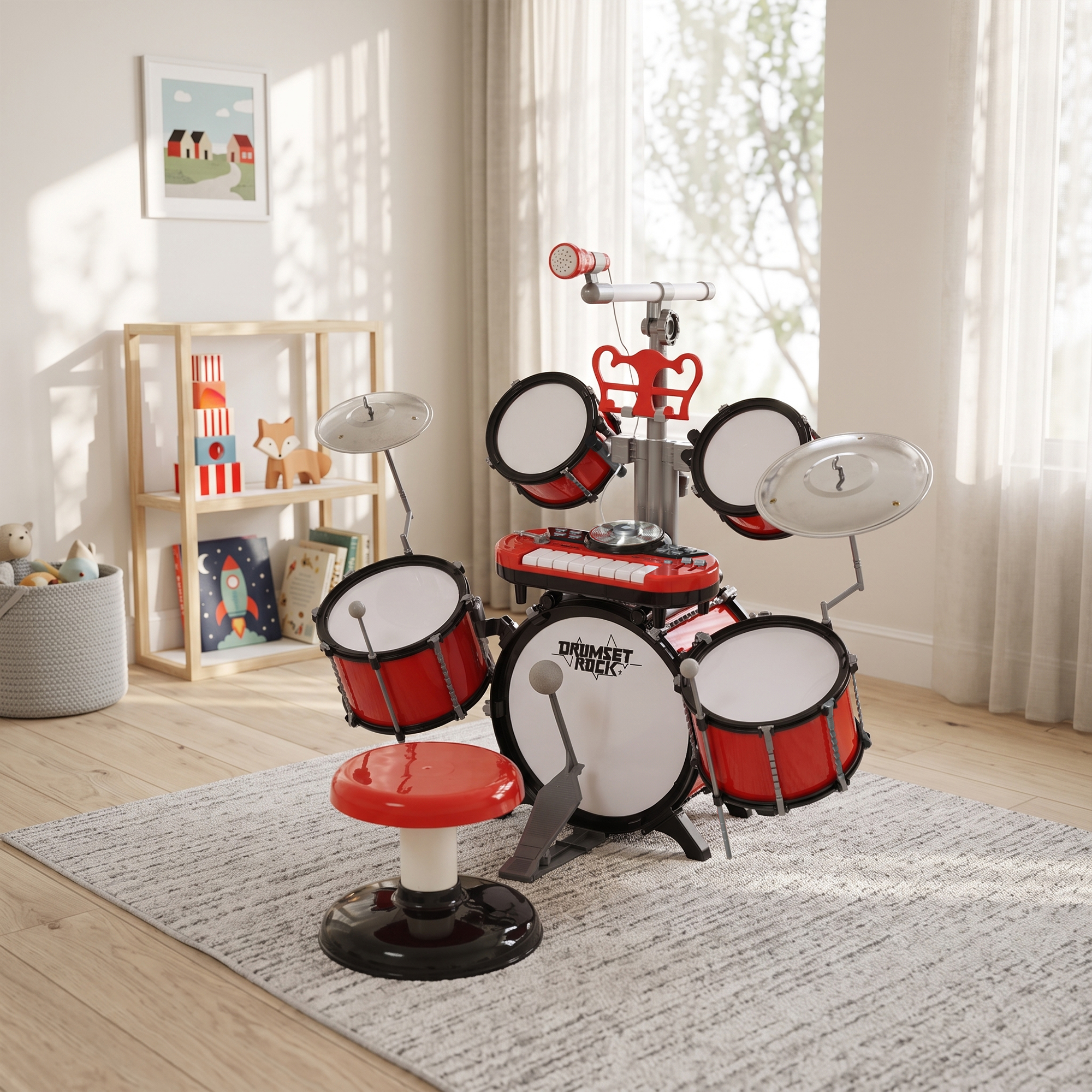 Batterie Musicale Enfant Électronique avec Clavier, Micro et Tabouret – Rouge - Afbeelding 2