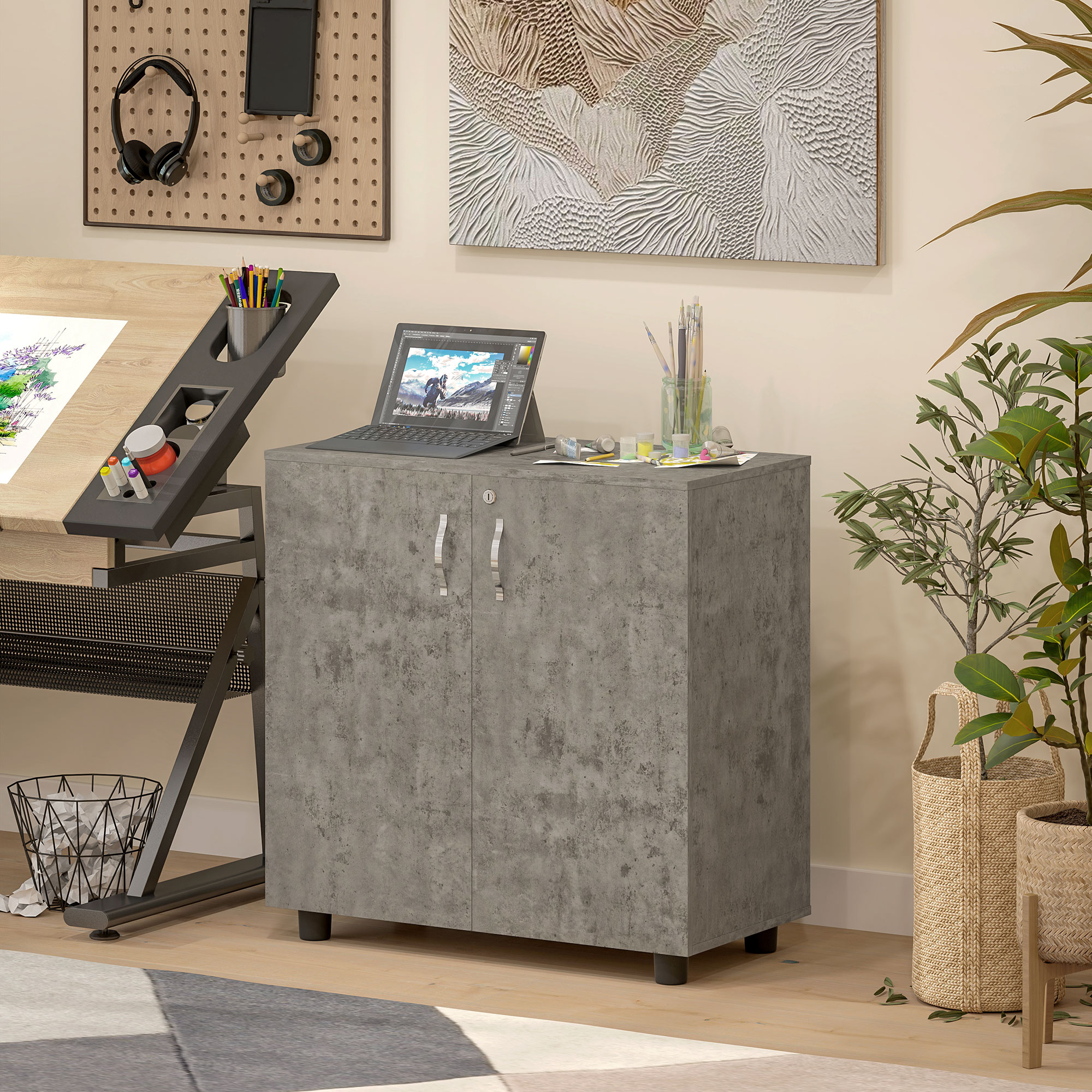 Armoire de Bureau Verrouillable 2 Portes avec Étagère – 80 cm – Gris - Image 7