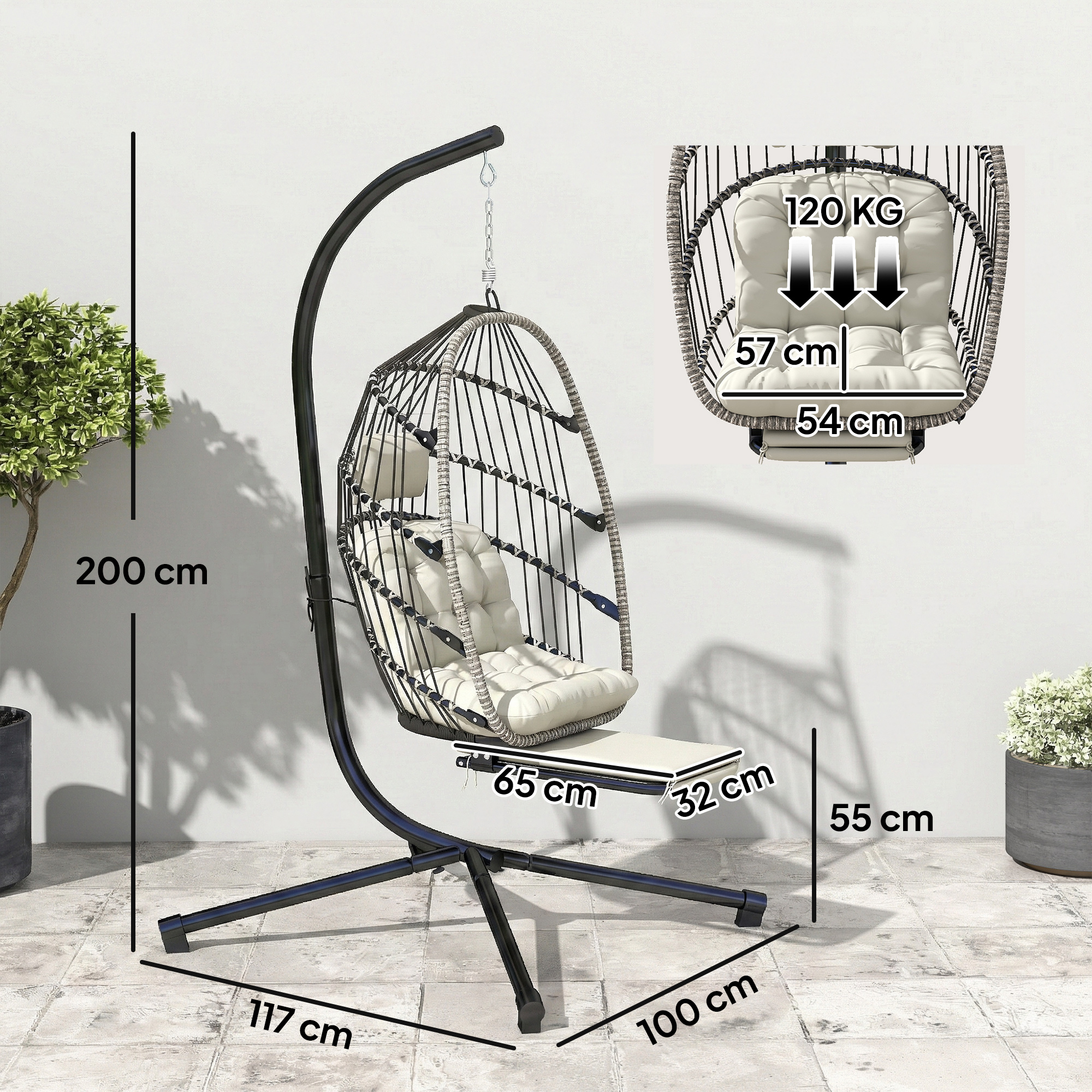 Fauteuil Œuf Suspendu sur Pied Pliable avec Repose-Pieds – Gris Clair - Image 3