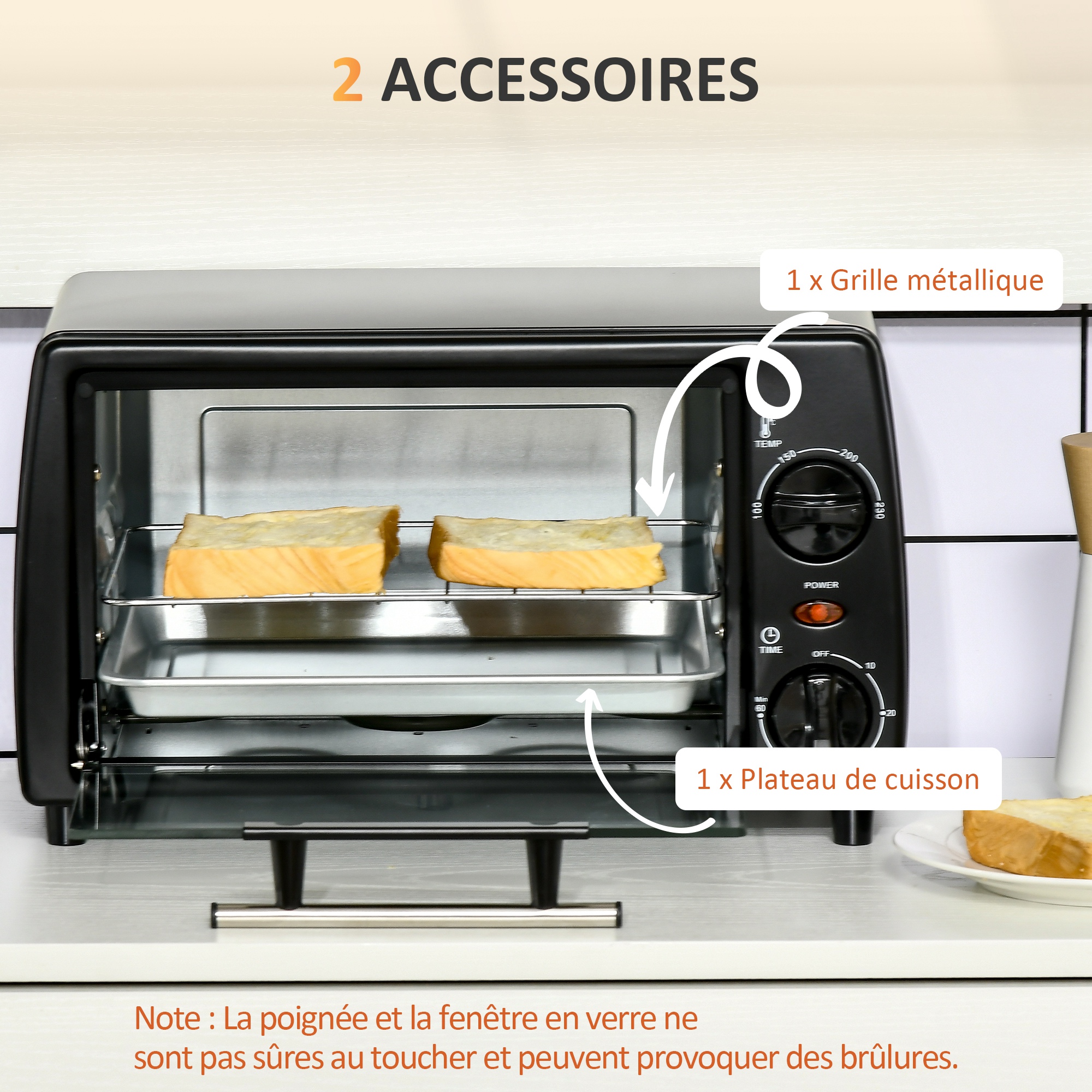Mini-Four Électrique 10 L – 750 W, Minuterie 60 Min & Grille Réglable – Noir – Bild 6