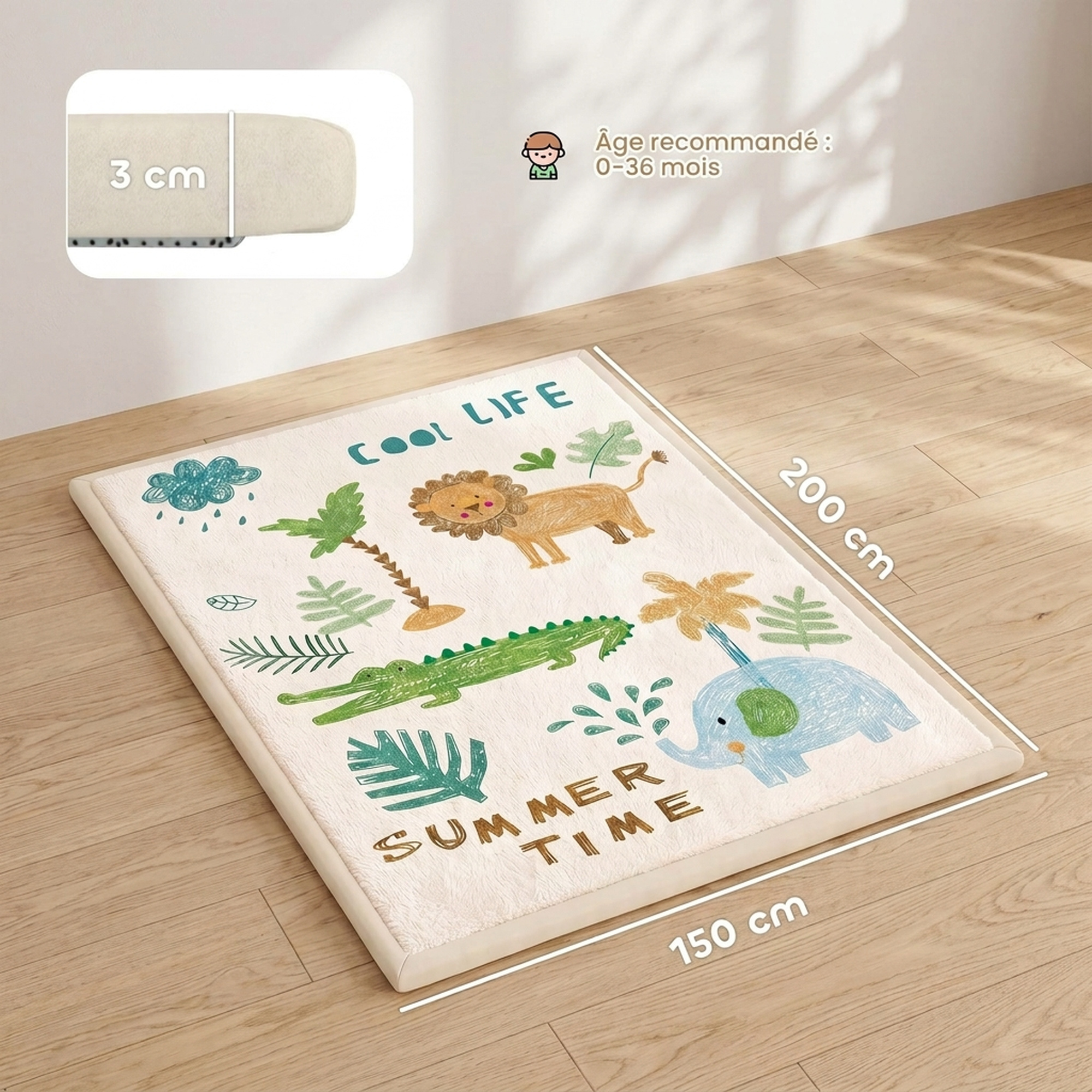 Tapis d'Éveil Bébé 150 × 200 cm en Mousse Épaisse 3 cm Antidérapant – Animaux - Afbeelding 3