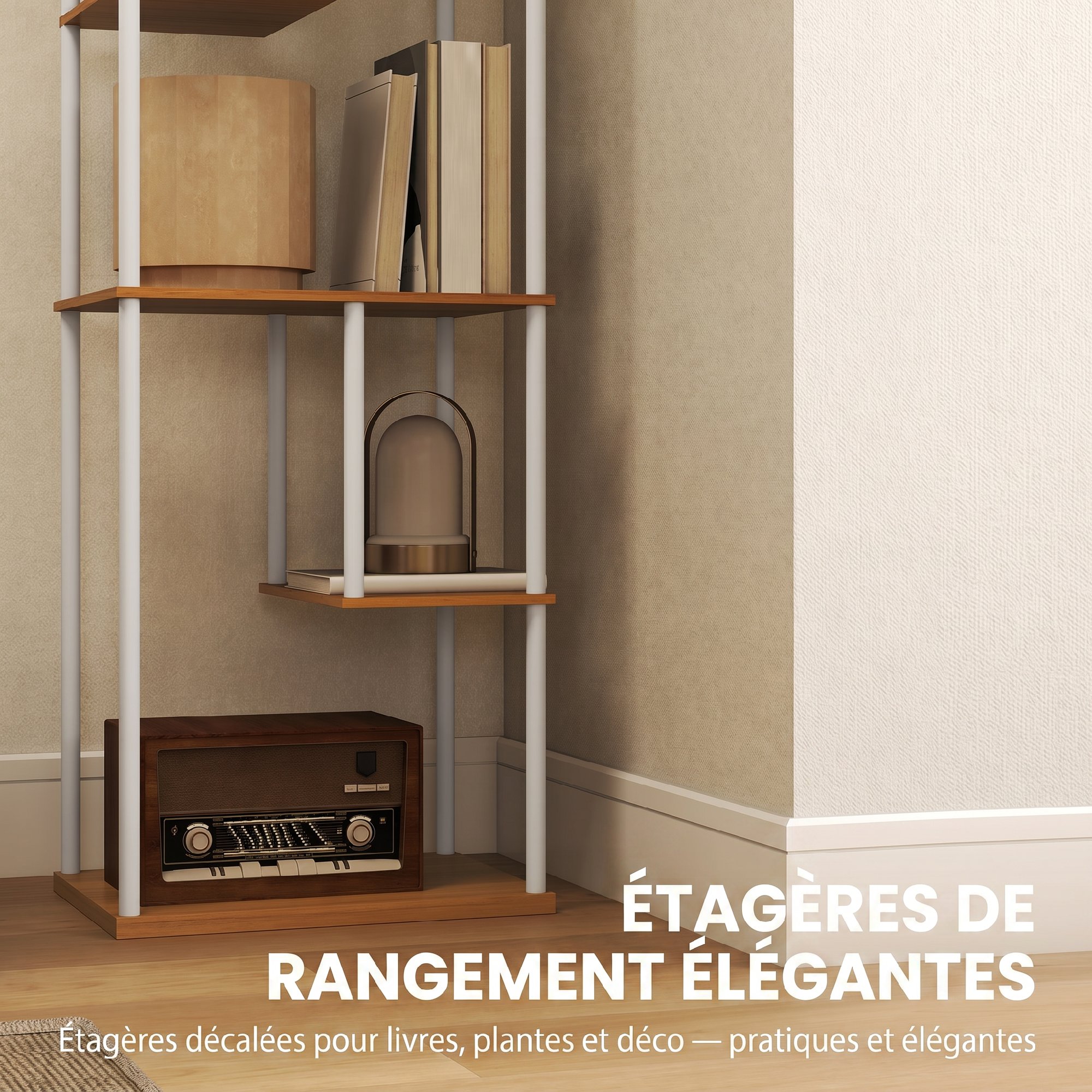 Lampadaire avec étagères, lampadaire sur pied de salon dimmable, télécommande, 40 x 29 x 171 cm, bois naturel - Afbeelding 6