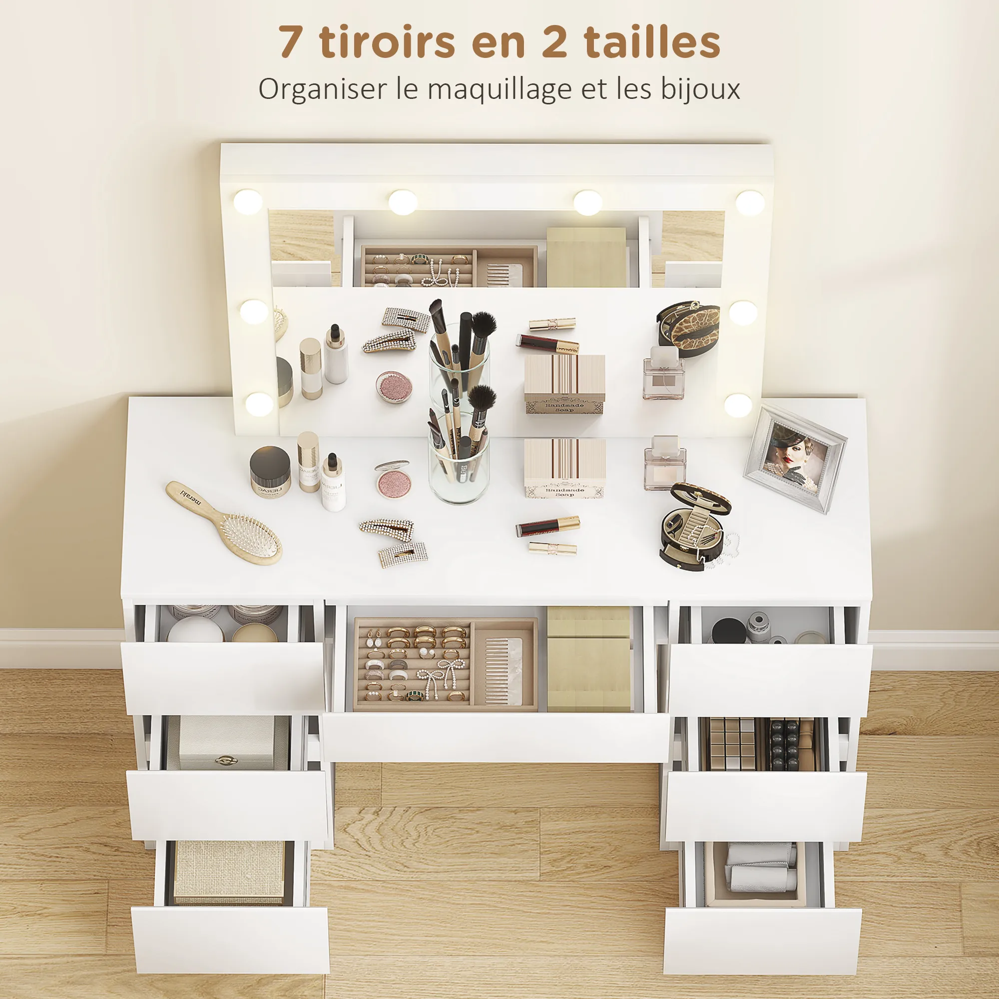 Coiffeuse avec Miroir Hollywood LED & Tabouret – 7 Tiroirs – Blanc - Image 5