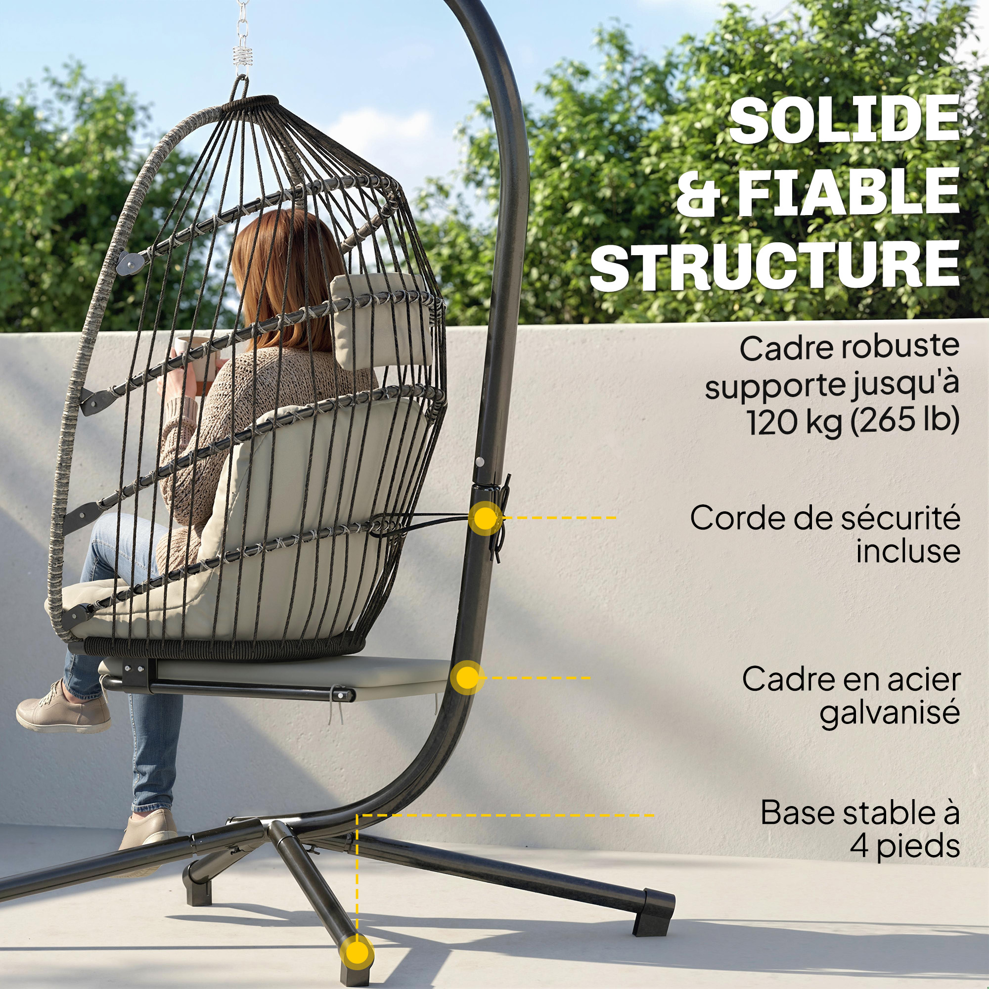 Fauteuil Œuf Suspendu sur Pied Pliable avec Repose-Pieds – Gris Clair - Image 7