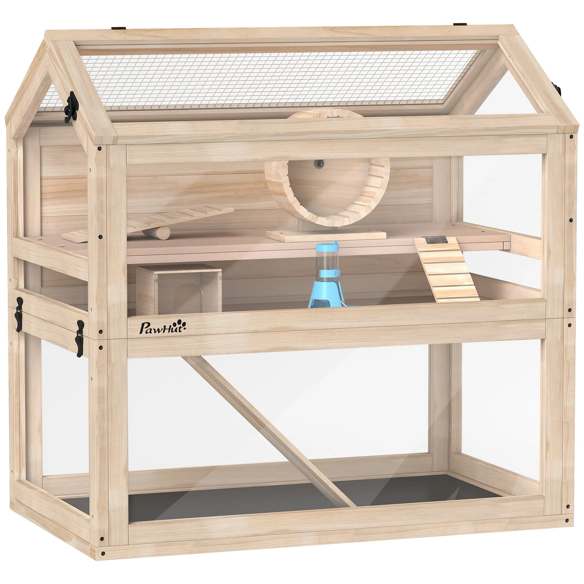 Cage pour Hamster 3 Niveaux en Bois avec Roue & Accessoires – 76 cm