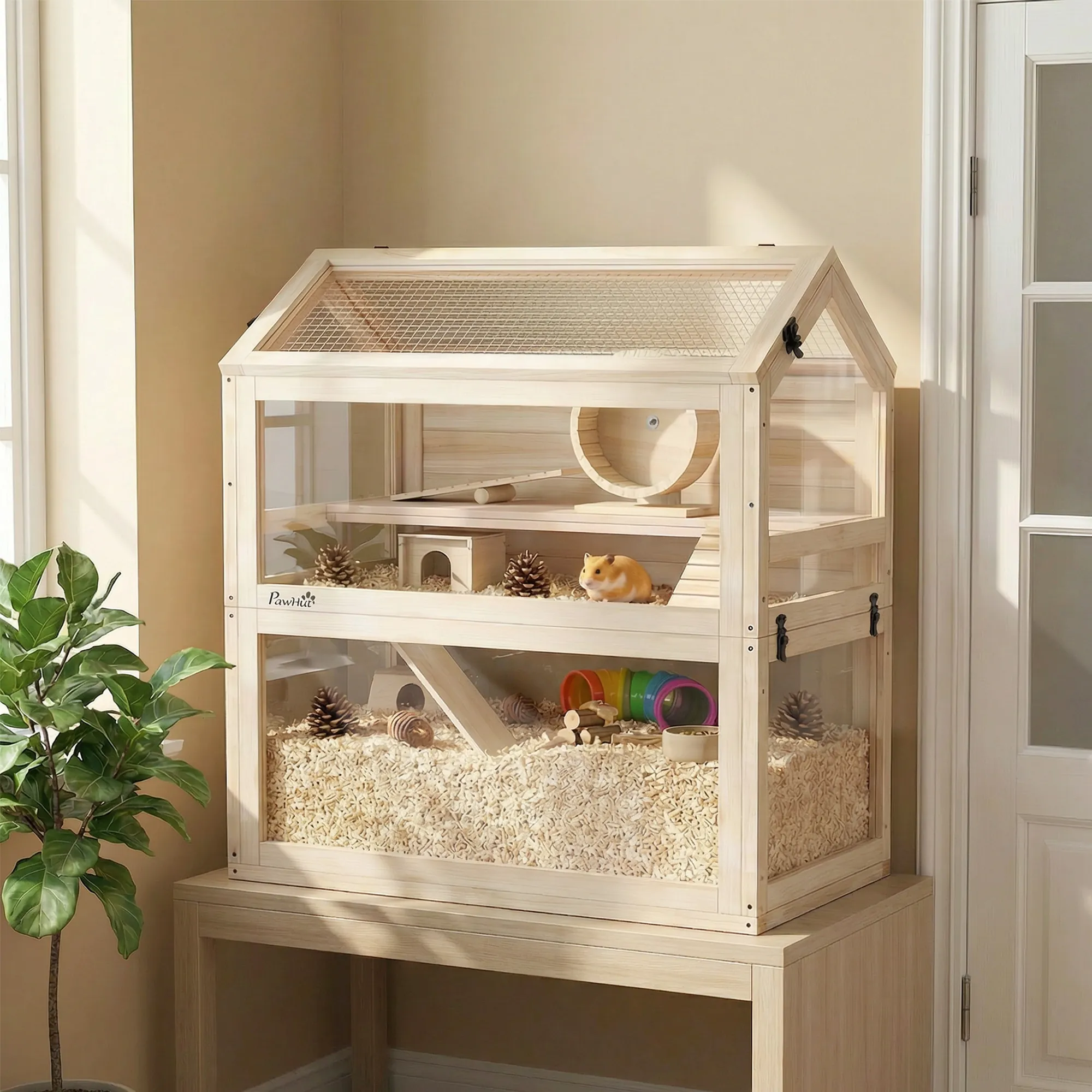 Cage pour Hamster 3 Niveaux en Bois avec Roue & Accessoires – 76 cm – Bild 6